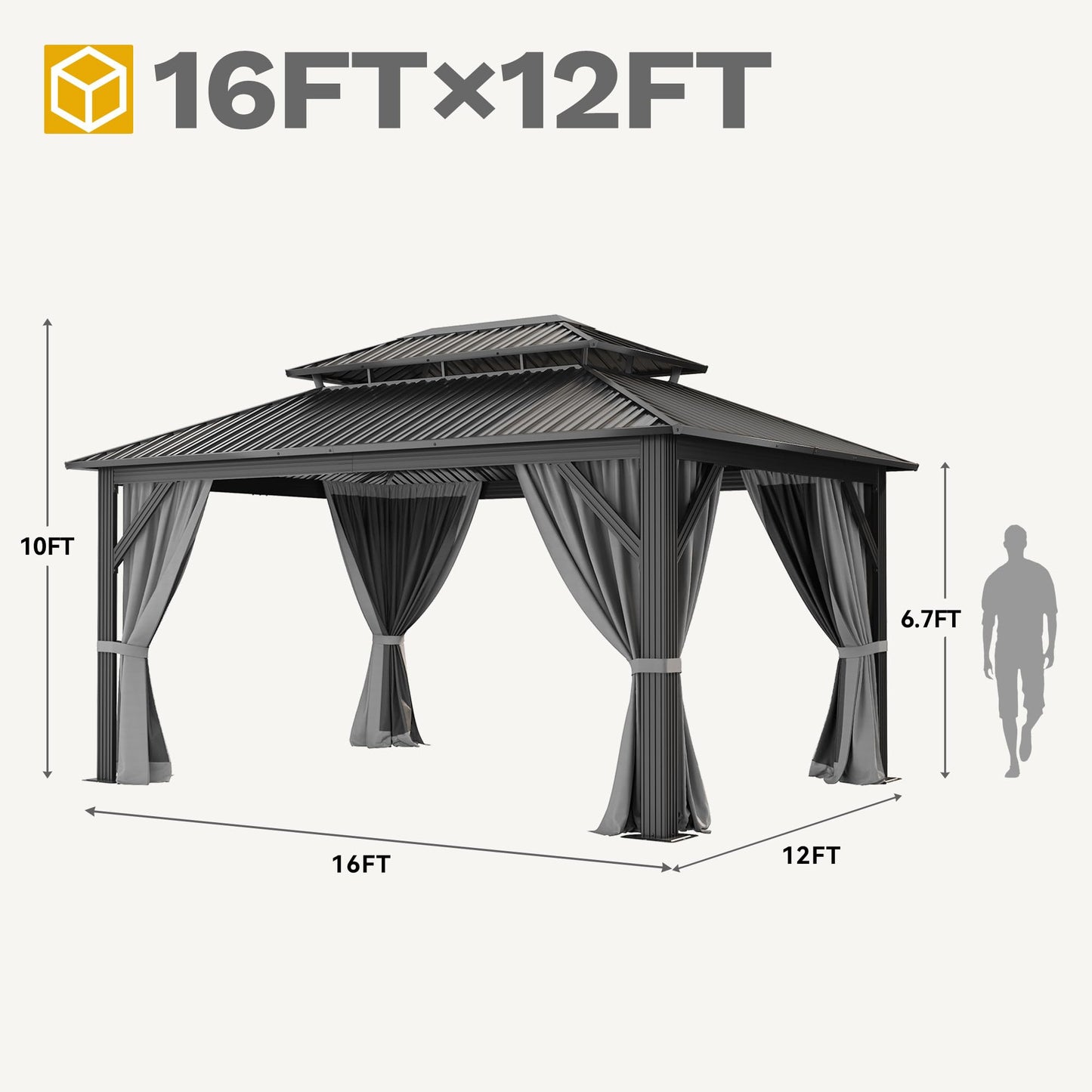 DWVO 12x16ft Hardtop Gazebo Double Roof with Nettings and Curtains, Heavy Duty Galvanized Steel Outdoor Vertical Stripes Roof for Patio, Backyard, Deck, Lawns, Gray