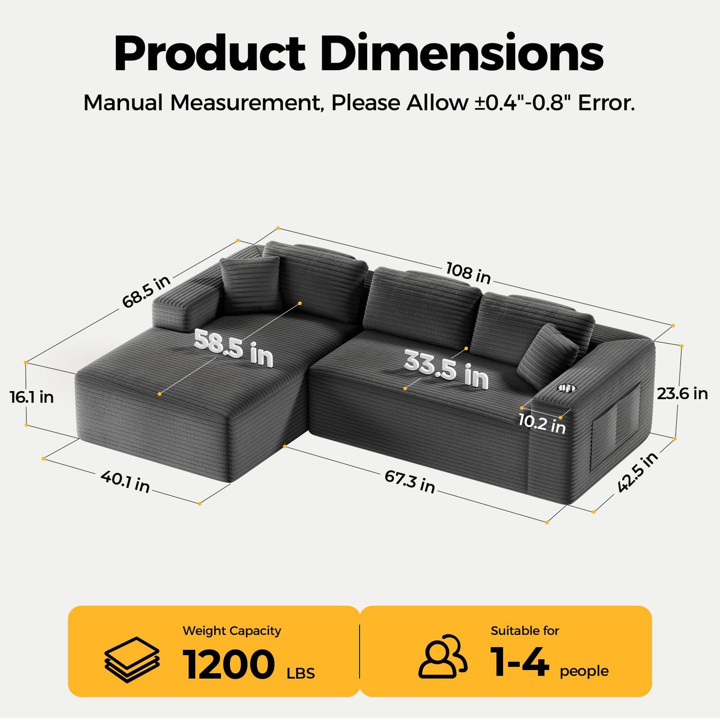 CAMMOO 108” Cloud Sectional Couch in One Box, Compressed Modular Sectional Sofa with Deep Seat, Corduroy Boneless Couches, L-Shaped Sofa for Living Room, 4 Storage Pockets(Left Facing Chaise, Grey)