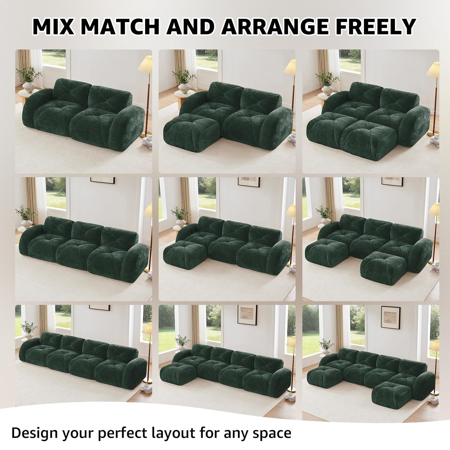Green L-Shaped Sectional Couches for Living Room, Velvet Fabric Boneless Couch, No Assembly Cloud Modular Sectional Sofa with 1 Ottoman, Foam Couch Compressed Sofa Set for Apartment, Sofas para Sala