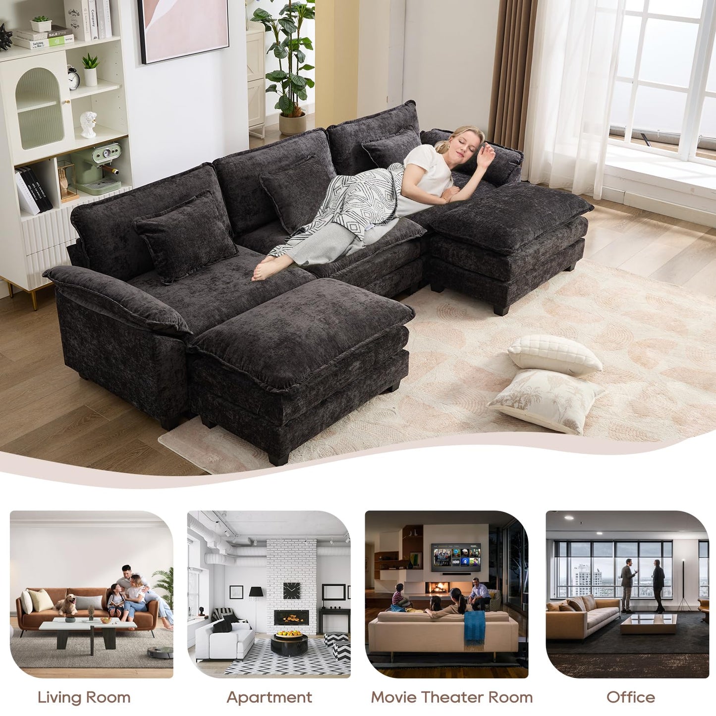 IPKIG 117" Modular Sectional Sofa, Chenille U-Shaped Sectional Couch Comfy Upholstered 3 Seat Sofa with 2 Ottoman, 3 Lumbar Pillow, Deep Seat Cloud Couch Sofa for Living Room, Black