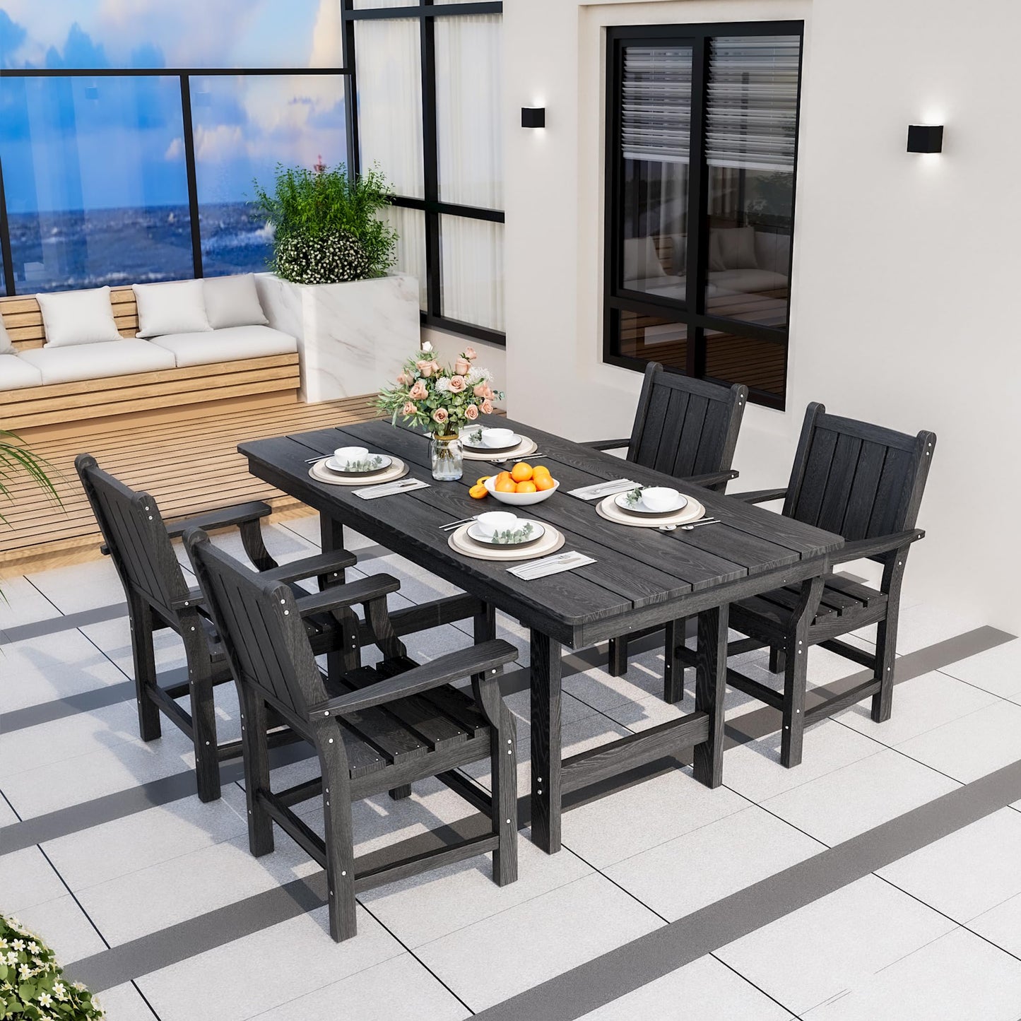 Pamapic 5-Piece Outdoor Dining Set, HDPE Outdoor Rectangular Table and 4 Chairs, Wood Grain Patio Furniture Sets with Armrest, All-Weather Patio Dining Table with Umbrella Hole, Black