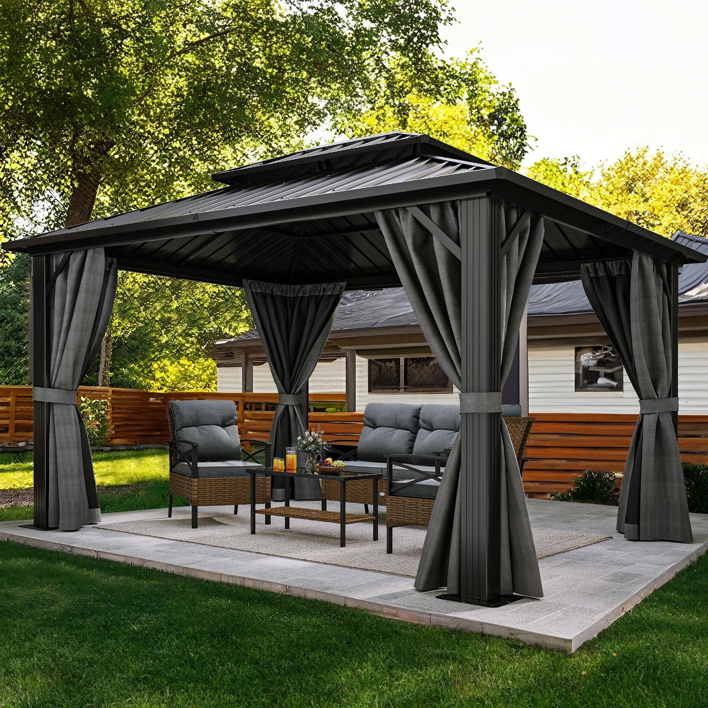 YITAHOME 10x12ft Gazebo Hardtop with Nettings and Curtains, Heavy Duty Double Roof Galvanized Steel Outdoor Combined of Vertical Stripes Roof for Patio, Backyard, Deck, Lawns, Gray