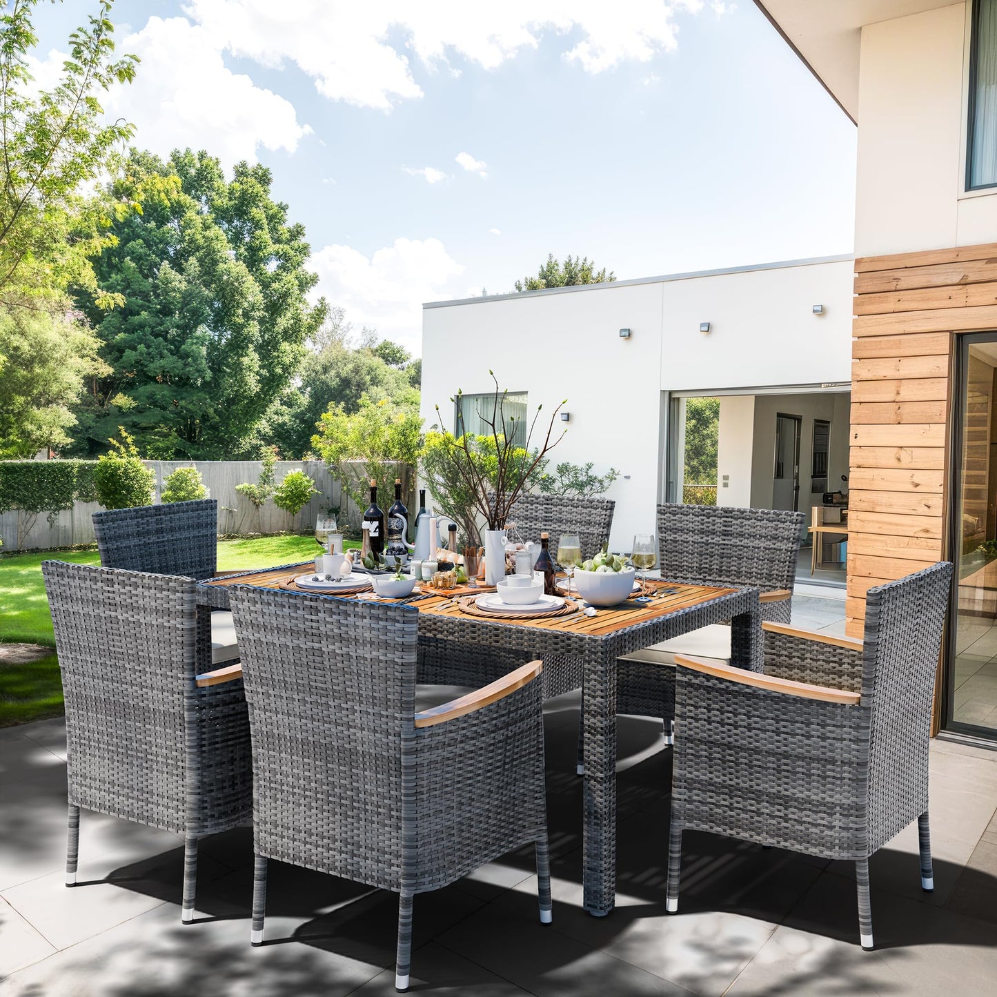 Shintenchi 7 Piece Patio Dining Set, Wicker Patio Conversation Set with Wooden Table Top, Outdoor Table and Chairs with Soft Cushions for Backyard, Deck and Garden, Grey Wicker