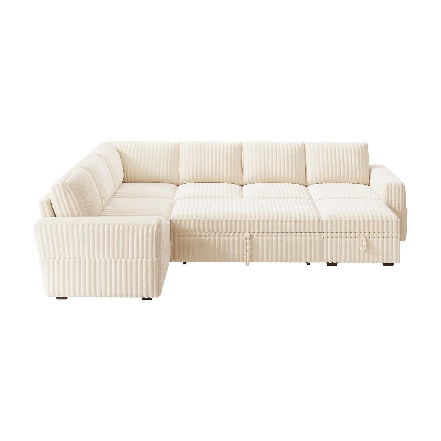 HONBAY Modular Sectional Sleeper Sofa with Pull Out Bed,Corduroy U Shaped Couch with Storage, Sectional Couches for Living Room,Beige