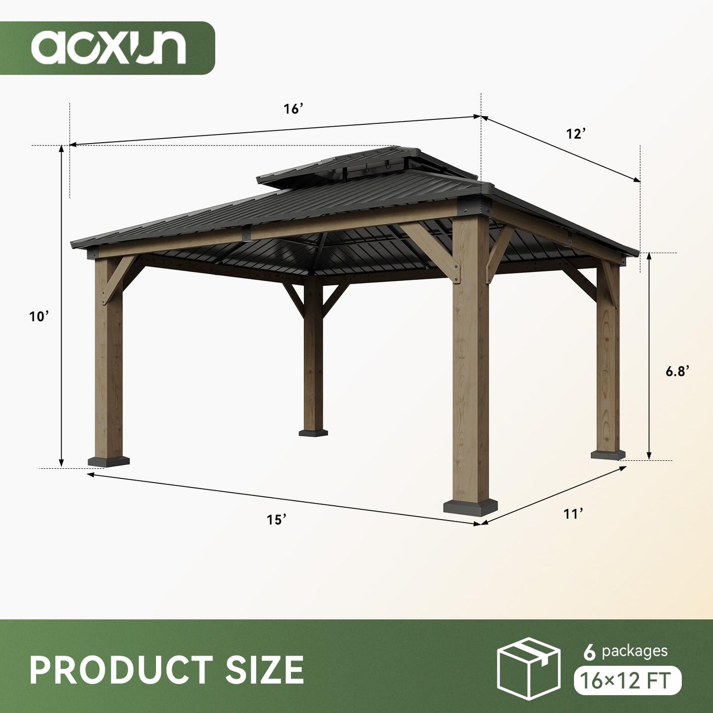 Aoxun 12' x 16' Outdoor Wood Gazebo, Hardtop Gazebo Permanent Wooden Pavilion with Galvanized Steel Double Roof, for Patio, Garden, Backyard, Cedar Wood, Grey