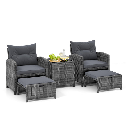Tangkula 5 Pieces Patio Conversation Set, PE Wicker Rattan Outdoor Furniture Set with 2 Chairs, 2 Ottomans & Tempered Glass Coffee Table, Ideal for Poolside, Backyard, Lawn, Deck, Grey