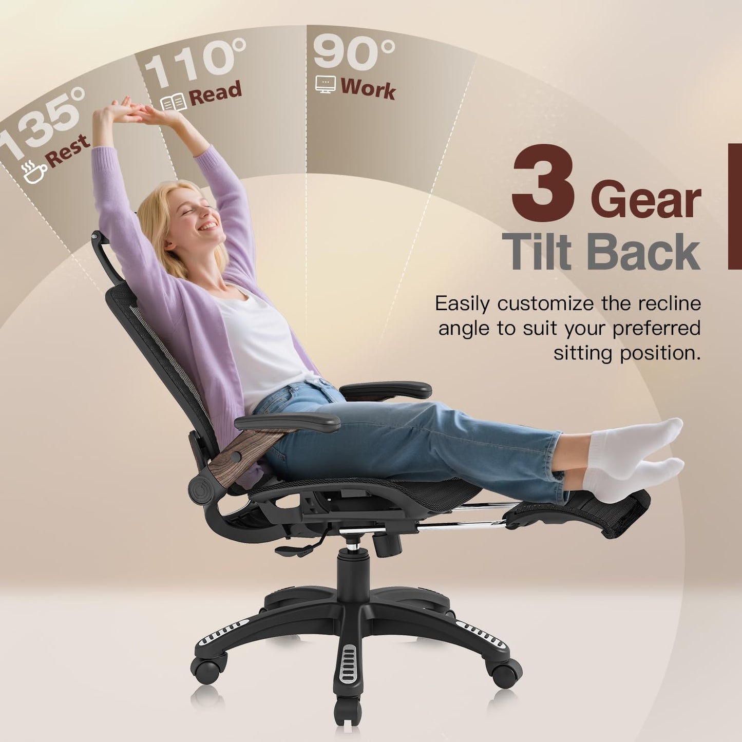GABRYLLY Ergonomic Office Chair with Footrest, High Back Mesh Computer Chair with Flip-Up Arm, 3D Headrest, 135° Reclining, Rolling Gaming Task Chair with Wide Seat Lumbar Support,300LBS