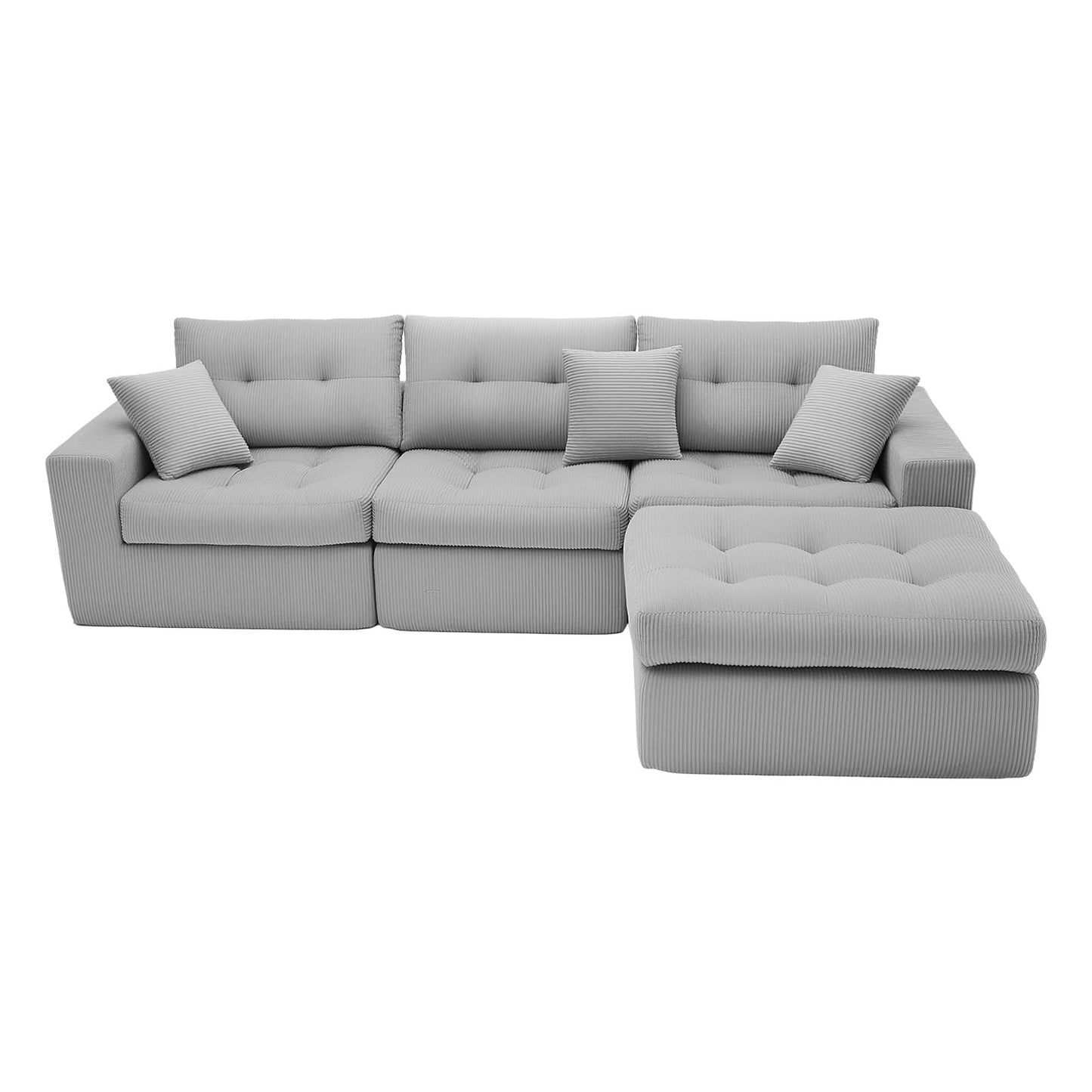 113-Inch L-Shaped Modular Corner Cloud Sofa Corduroy Tufted Foam Sectional with Deep Seat, 4 Pieces Compressed Boneless Sofa Couch with Movable Ottoman & 4 Toss Pillows