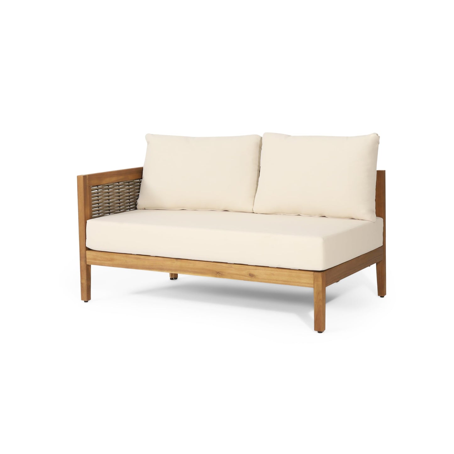 Merax 4 Piece Rattan Sofa Paito Conversation Set, All-Weather Acacia Wood V-Shaped Sectional Sofa with Coushions, 1 Coffee Table for Porch, Lawn, Backyard, Balcony, Teak