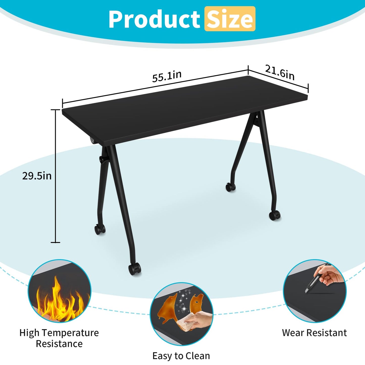 Conference Table with Wheels, Folding Conference Table with Knob & 4 Brake Casters, Modular Flip Top Mobile Conference Room Table for Office, Meeting, Training Room, Class (8, Black, 55.1in)