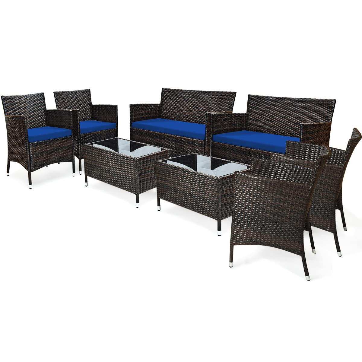 COSTWAY 8PCS Rattan Patio Furniture Set, Outdoor Wicker Rattan Chairs with Coffee Table, Rattan Cushioned Conversation Set for Backyard Balcony Porch Poolside, Navy