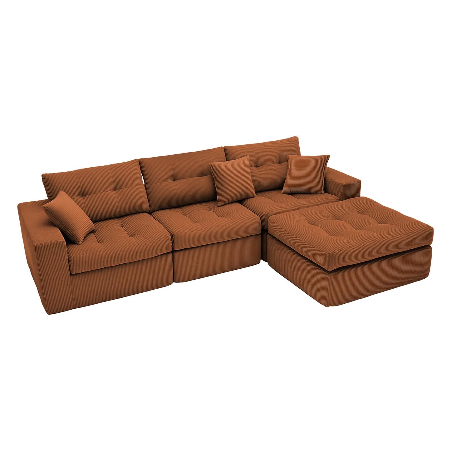 113-Inch L-Shaped Modular Corner Cloud Sofa Corduroy Tufted Foam Sectional with Deep Seat, 4 Pieces Compressed Boneless Sofa Couch with Movable Ottoman & 4 Toss Pillows