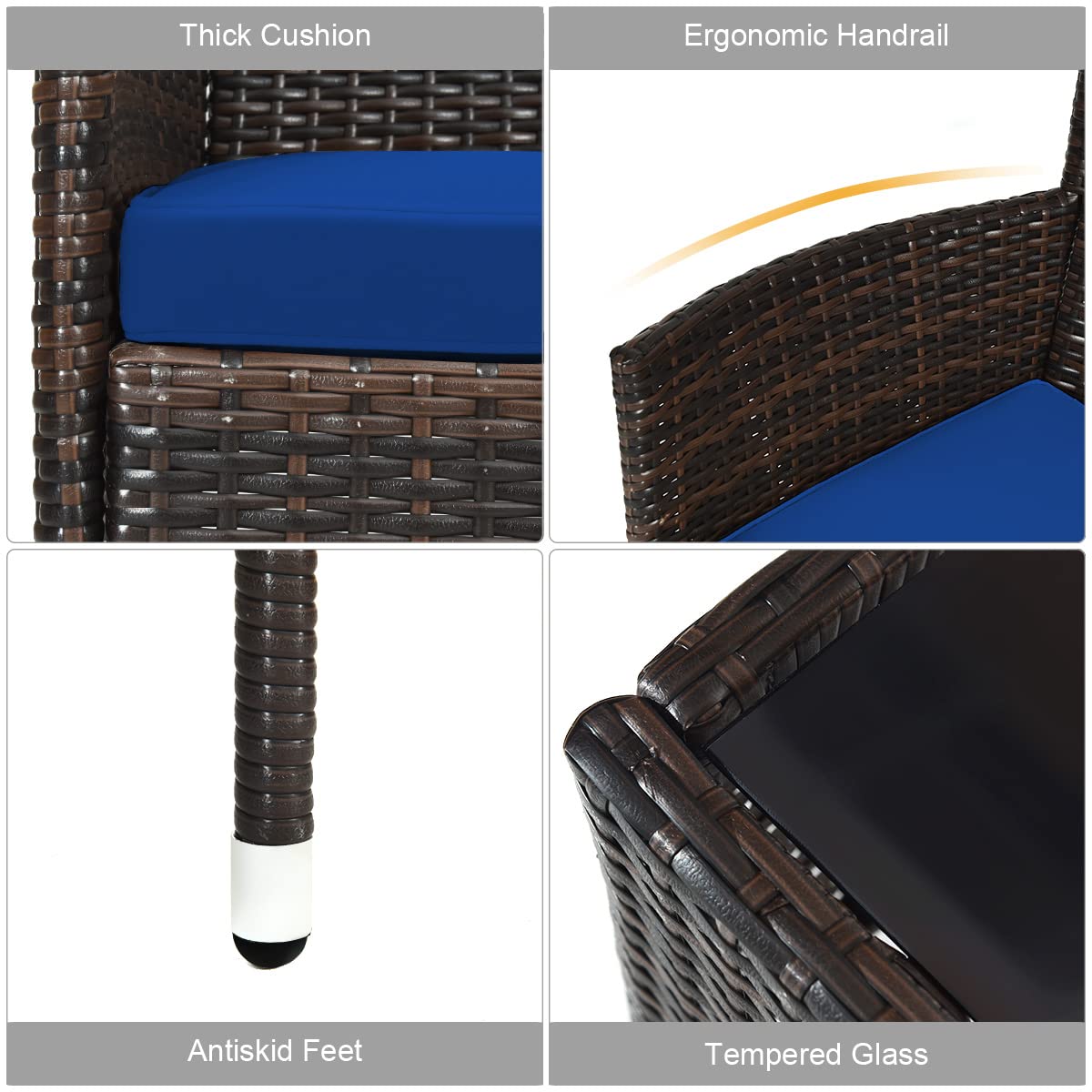 COSTWAY 8PCS Rattan Patio Furniture Set, Outdoor Wicker Rattan Chairs with Coffee Table, Rattan Cushioned Conversation Set for Backyard Balcony Porch Poolside, Navy