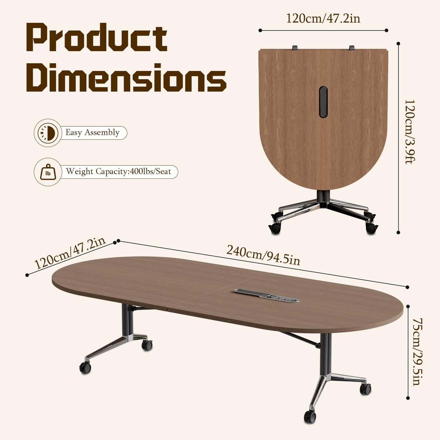 8 FT Large Folding Conference Table, Oval Training Seminar Tables for 8-10 People,Built-in Wireless Charger and Power Box,Metal Legs Rolling Training Table for Office (1, Walnut, 94.5"L×47.2"W×29.5"H)