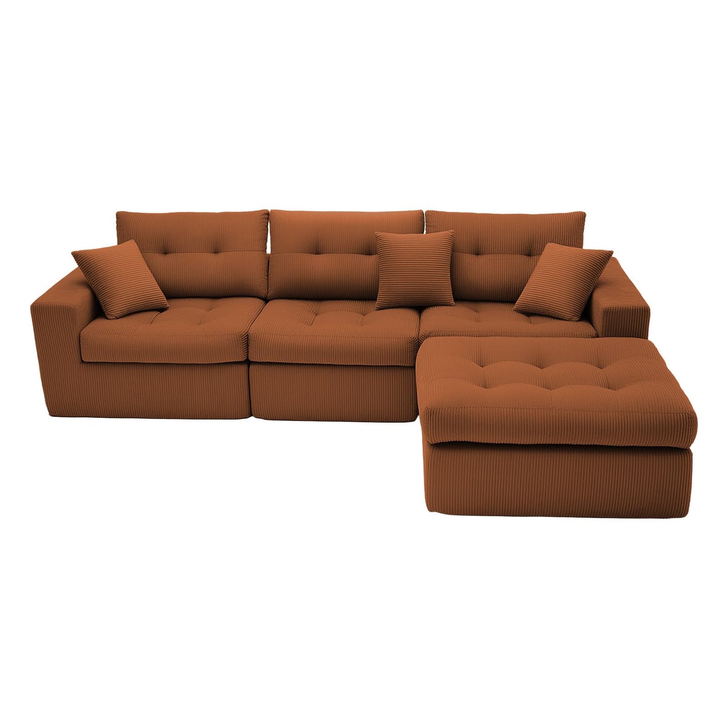 113-Inch L-Shaped Modular Corner Cloud Sofa Corduroy Tufted Foam Sectional with Deep Seat, 4 Pieces Compressed Boneless Sofa Couch with Movable Ottoman & 4 Toss Pillows