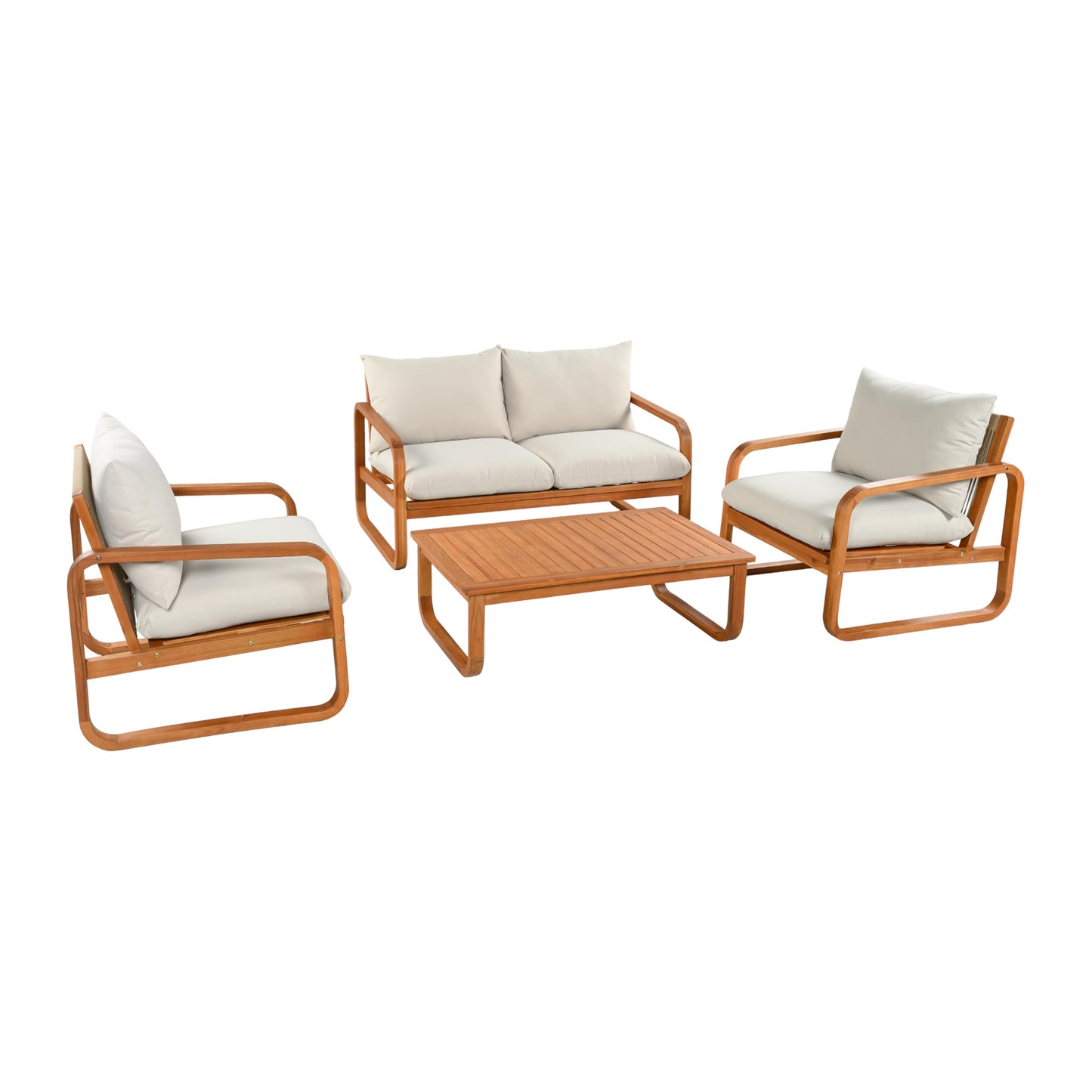 Merax Outdoor 4-Piece Acacia Wood Conversation Set - Patio 2-Seat Loveseat Sofa w/Coushion, 2 Armchair and Square Coffee Table for Backyard, Lawn, Balcony, Beige + Natural
