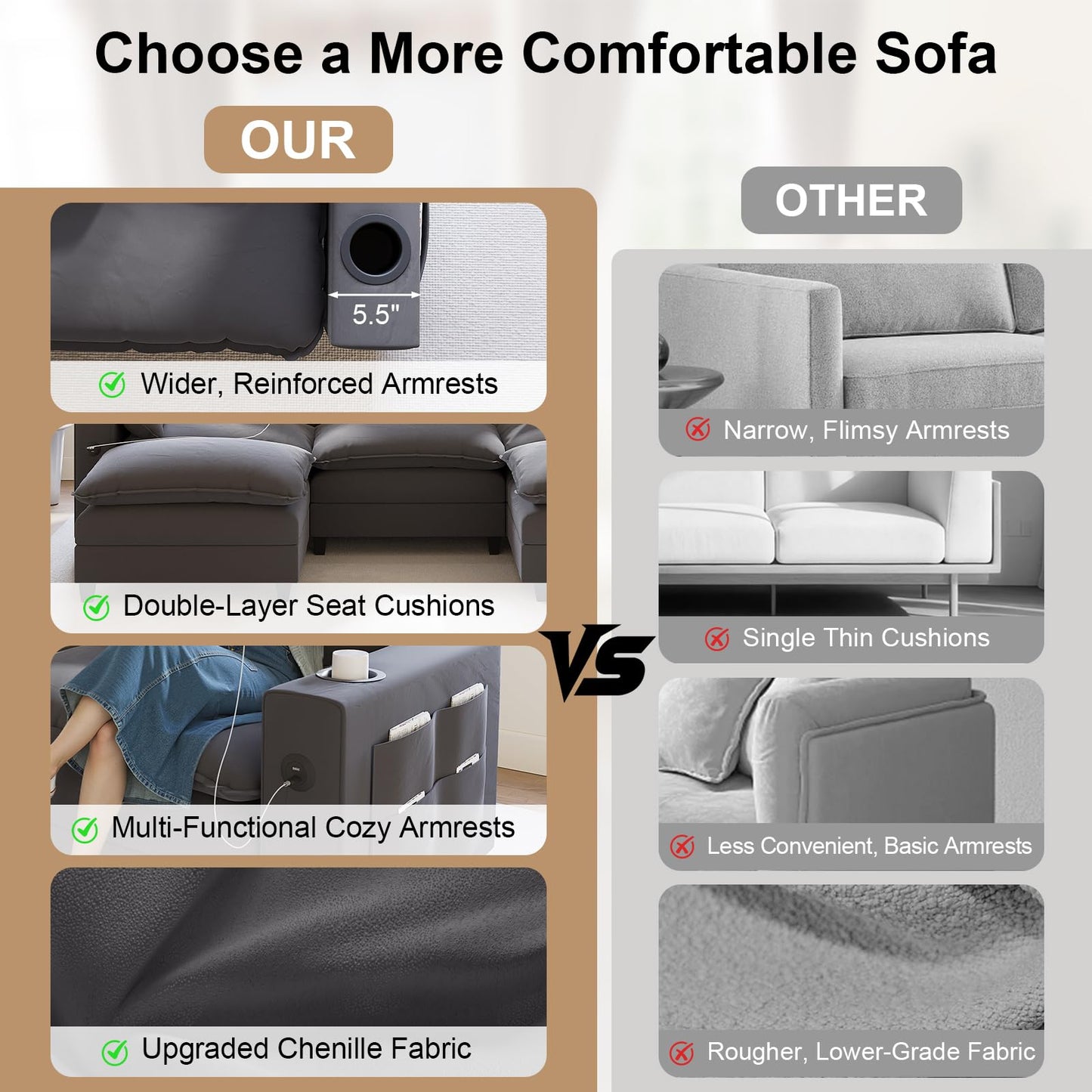 KCGKCG 152" Modular Sectional Sofa, L Shaped Cloud Couch with Movable Ottoman, Chenille Deep Seat Cloud Sofa with Charging Station, Cup Holder, Side Pocket, Sectional Couches for Living Room, Grey