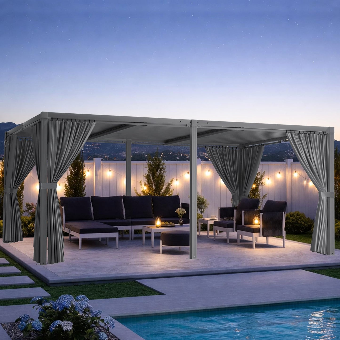 SAILARY Louvered Pergola 12' x 20' with Waterproof Curtains, Large Outdoor Aluminum Pergola with Reinforced Steel Roof, Heavy-Duty Hardtop Gazebo, Privacy Shaded Shelter, Grey