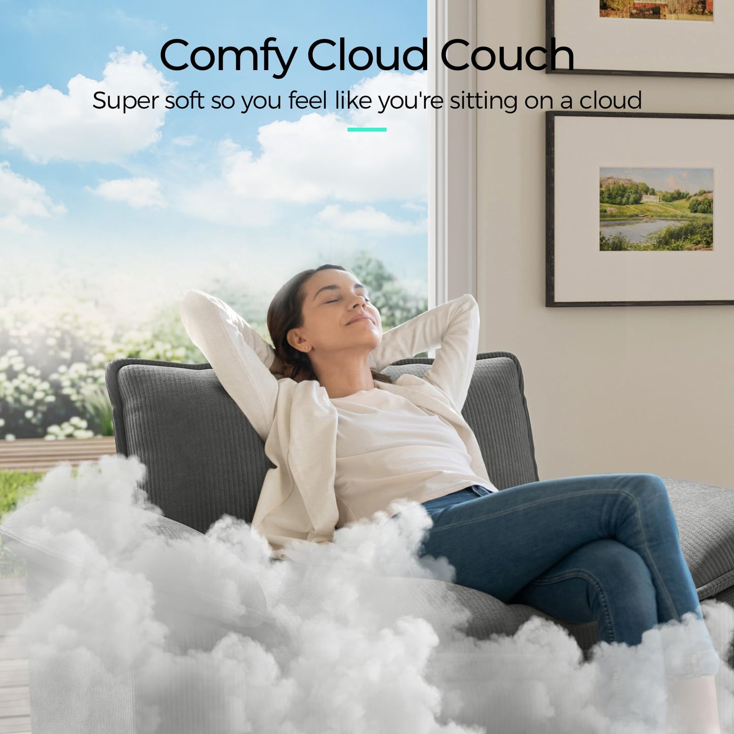 LINSY HOME Modular Sectional Sofa - 123 Inch Oversized Corduroy Cloud Couch with Movable Ottoman Soft Modern Comfy Sofa Set for Living Room Apartment Office, Grey