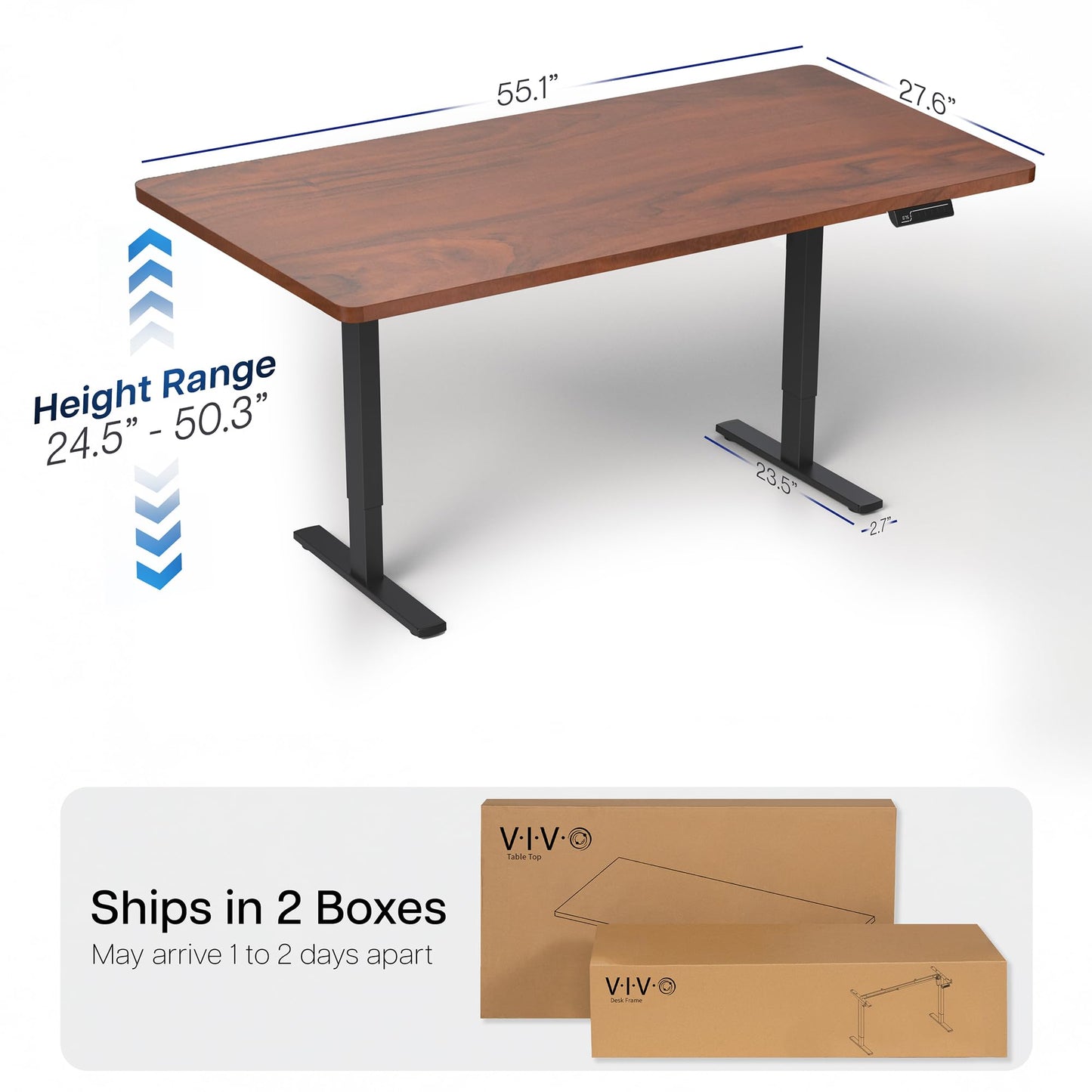 VIVO Electric 55 x 28 in Dual Motor Sit Stand Desk, Memory Height Adjustment, 2B Series, Dark Walnut Top Black Frame, DESK-KIT-2B55D