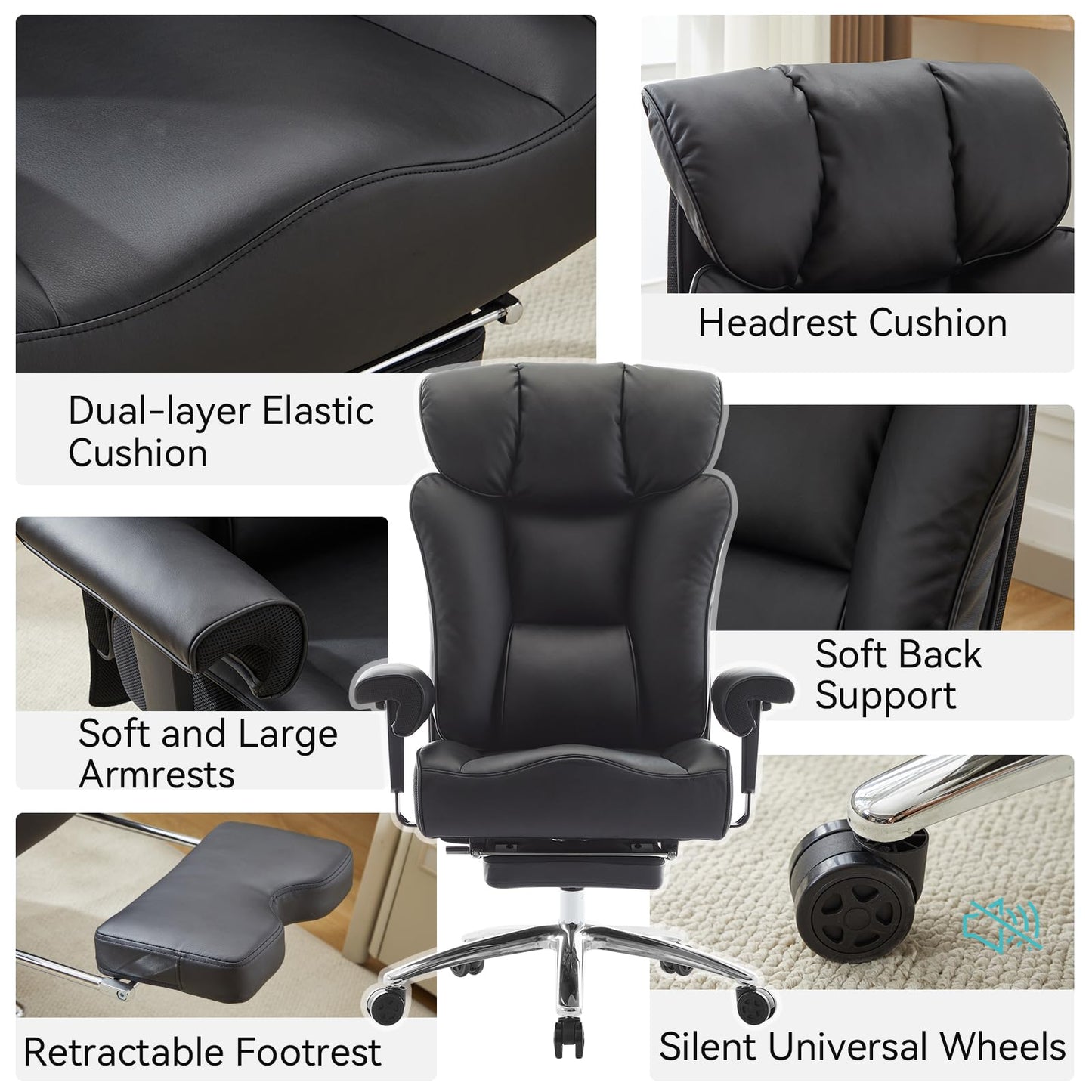Efomao Big and Tall Office Chair with Footrest, 450lbs High Back Executive Chair with Spring Cushion, PU Leather Upholstery, Padded Armrests, Swivel Base, and Rolling Wheels – Black Computer Chair