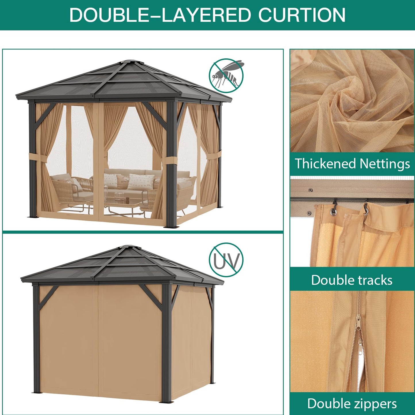 GAOMON 10x12ft Gazebo, Hardtop Outdoor Canopy Aluminum Frame Permanent Gazebo with Netting and Curtains, Polycarbonate Garden Tent for Patio, Lawn, Backyard, Deck (10'x12')
