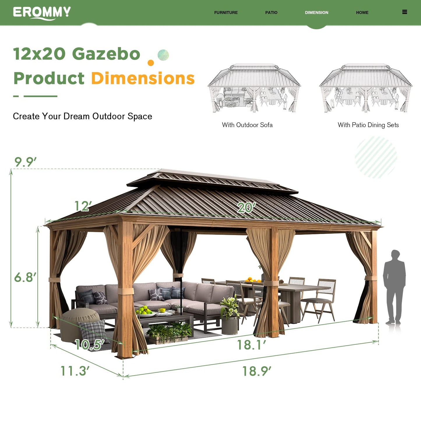 EROMMY 12'x20' Gazebo, Galvanized Steel Double Roof with Wood Grain Aluminum Frame, Outdoor Permanent Metal Pavilion with Curtains and Nettings for Patio, Backyard and Deck