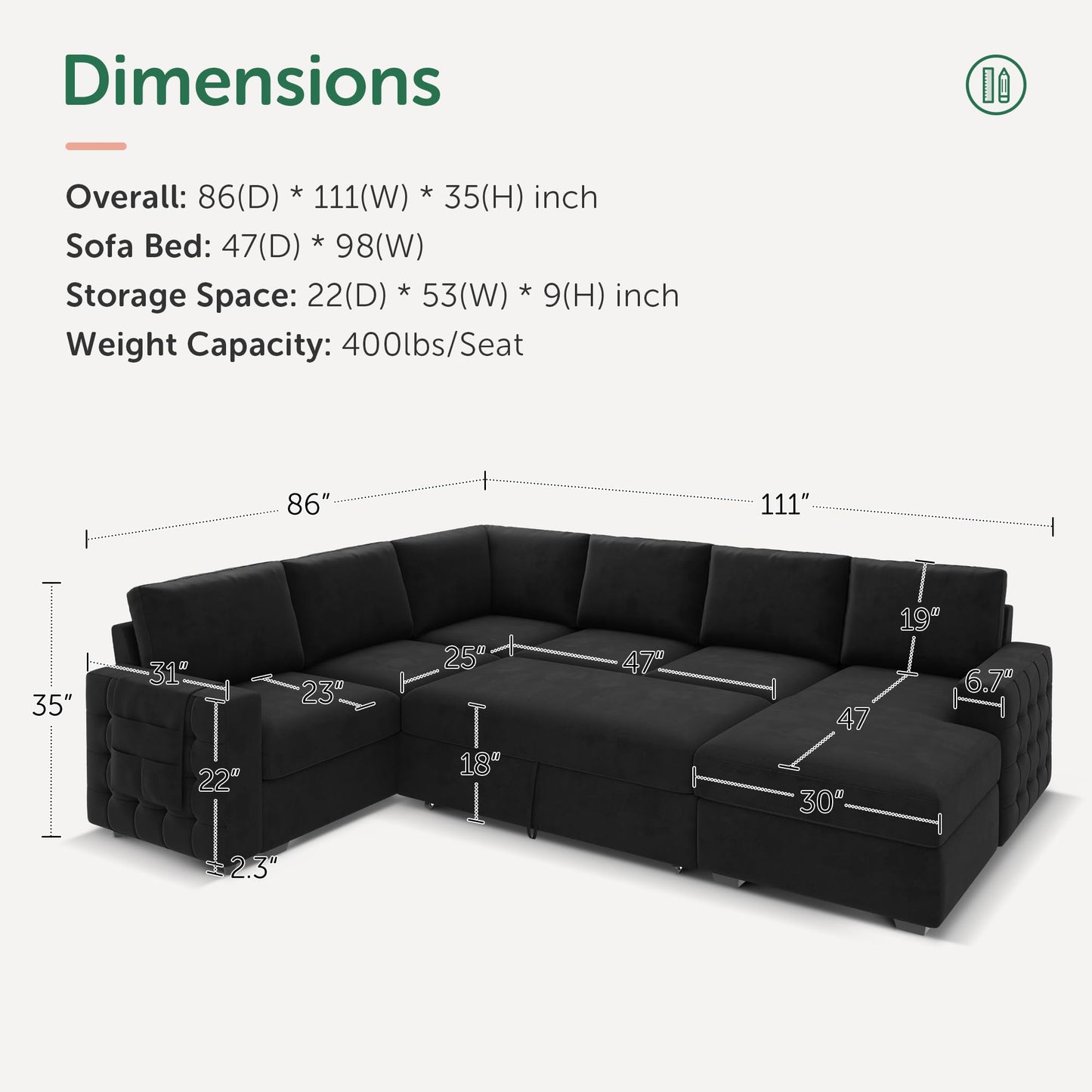 HONBAY Sectional Sleeper Sofa with Pull-Out Bed Storage Chaise, 6 Seater Couch for Living Room, Black