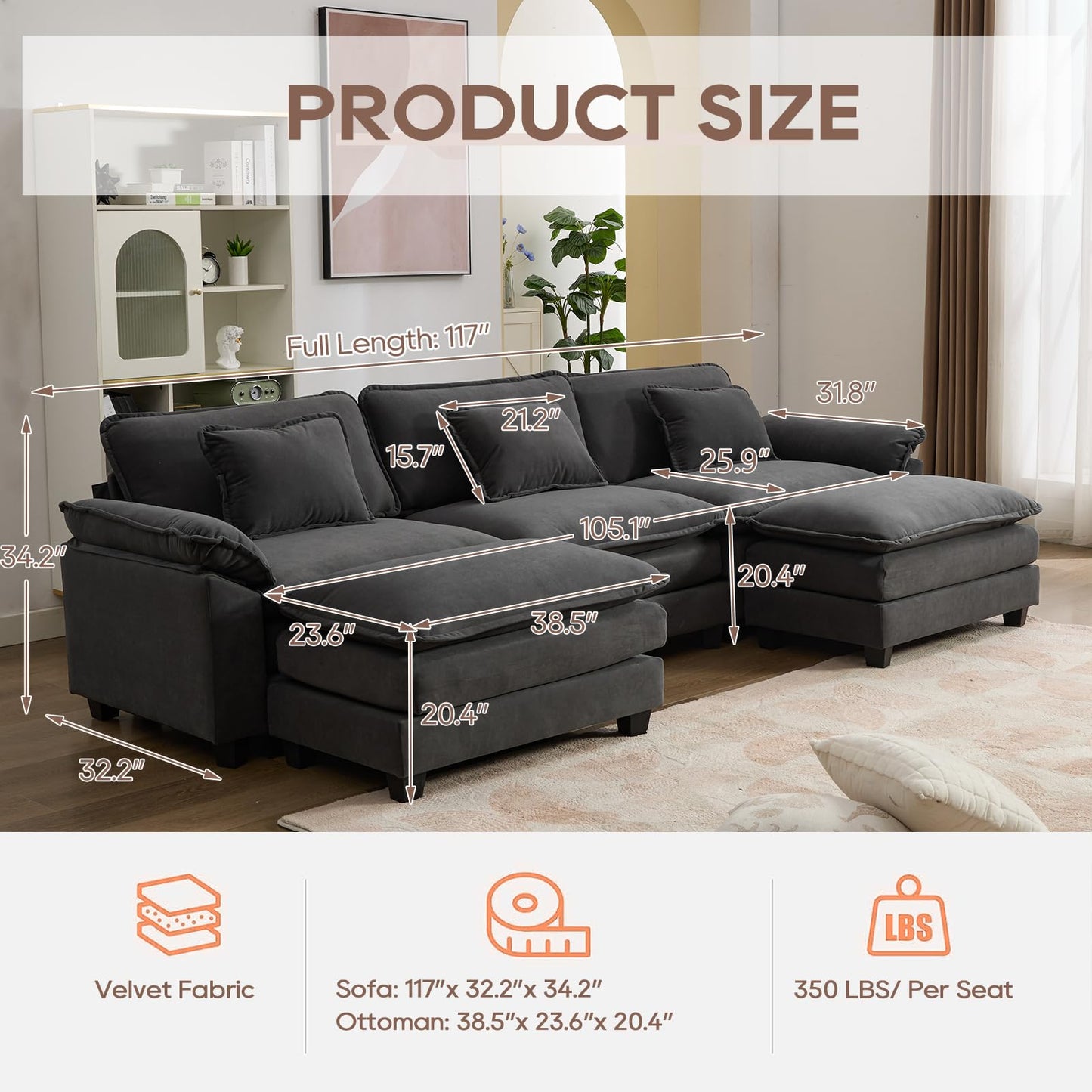 IPKIG 117" Modular Sectional Sofa, Velvet U-Shaped Sectional Couch Comfy Upholstered 3-Seat Sofa with 2 Ottoman, 3 Lumbar Pillow, Deep Seat Cloud Couch Sofa for Living Room, Dark Grey