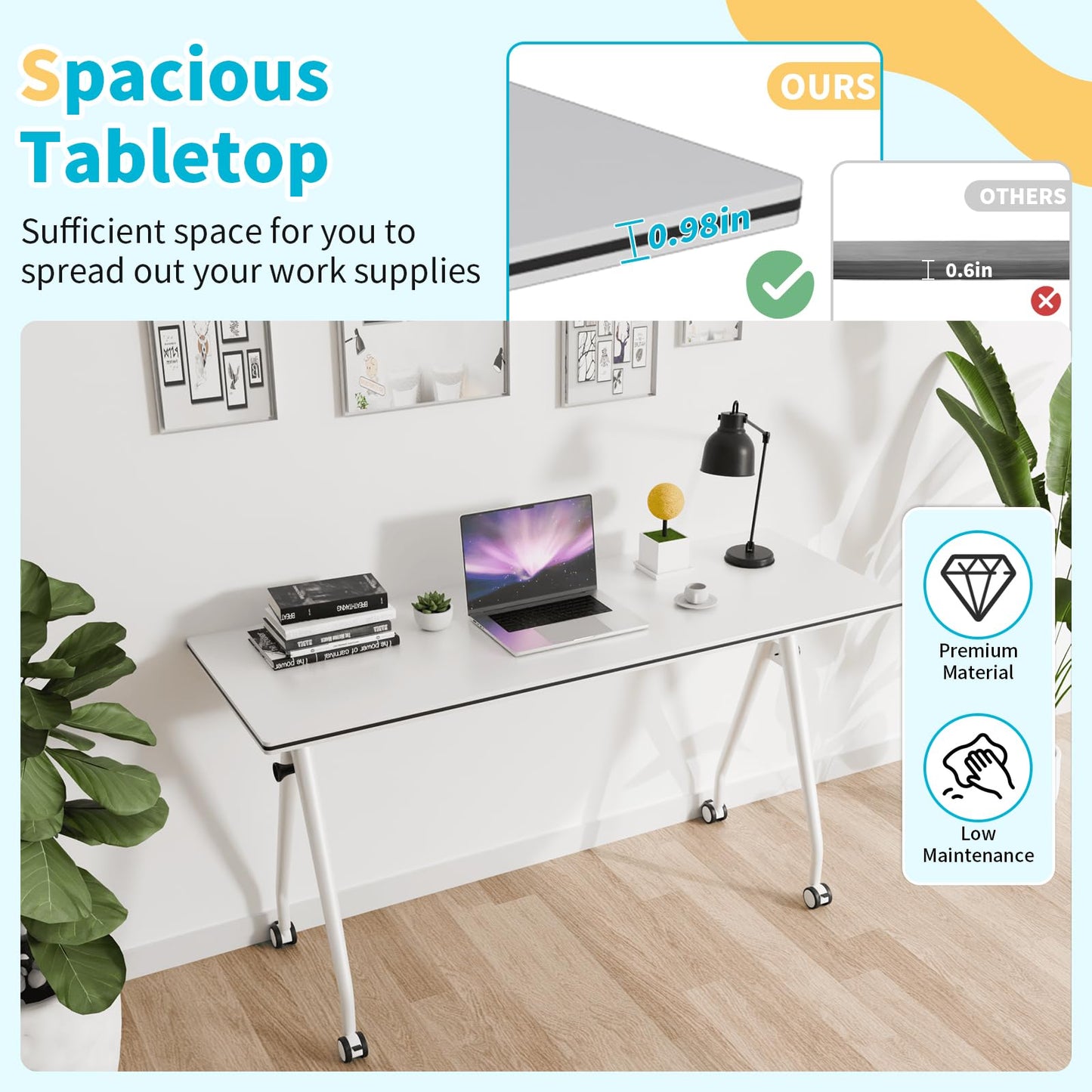 Conference Table with Wheels, Folding Conference Table with Knob & 4 Brake Casters, Modular Flip Top Mobile Conference Room Table for Office, Meeting, Training Room, Class (4, White, 55.1in)
