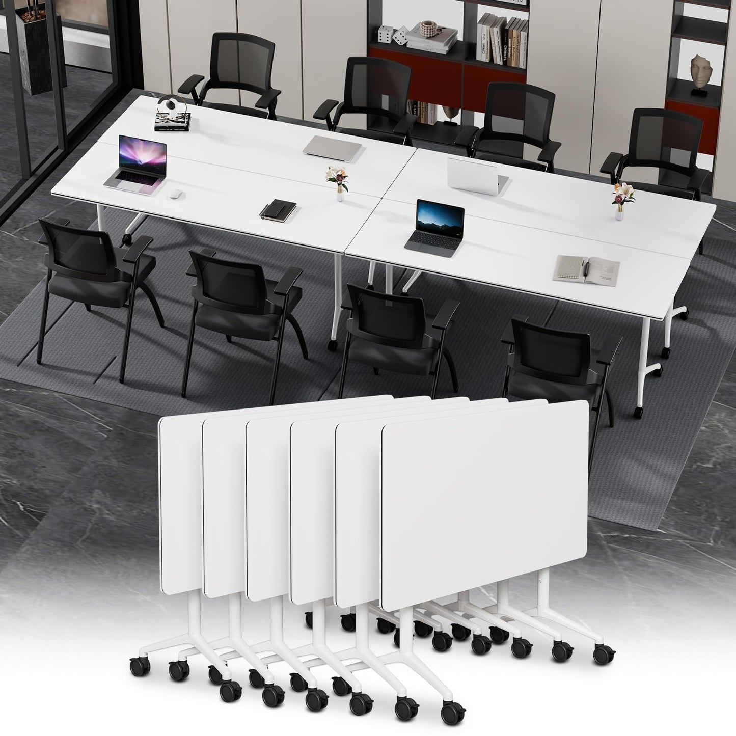 Modular Folding Conference Table with Wheels,6 Pack Mobile Conference Room Tables,Filp Top Rolling Meeting Training Tables for Office,Classroom,Library,Seminar,Boardroom,school(6pack,White,61in)