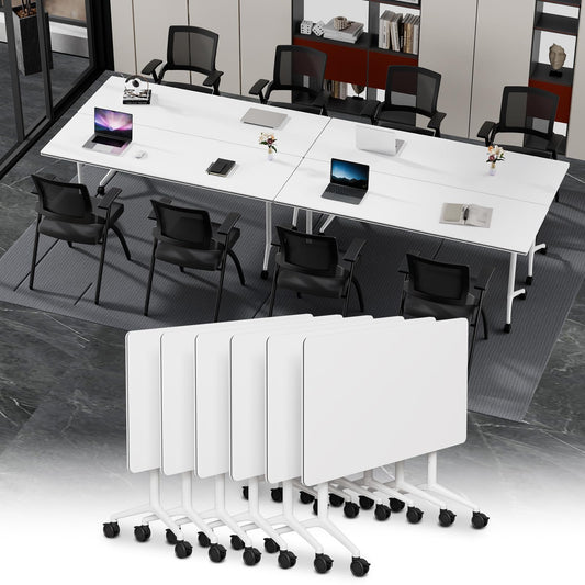 Modular Folding Conference Table with Wheels,6 Pack Mobile Conference Room Tables,Filp Top Rolling Meeting Training Tables for Office,Classroom,Library,Seminar,Boardroom,school(6pack,White,61in)