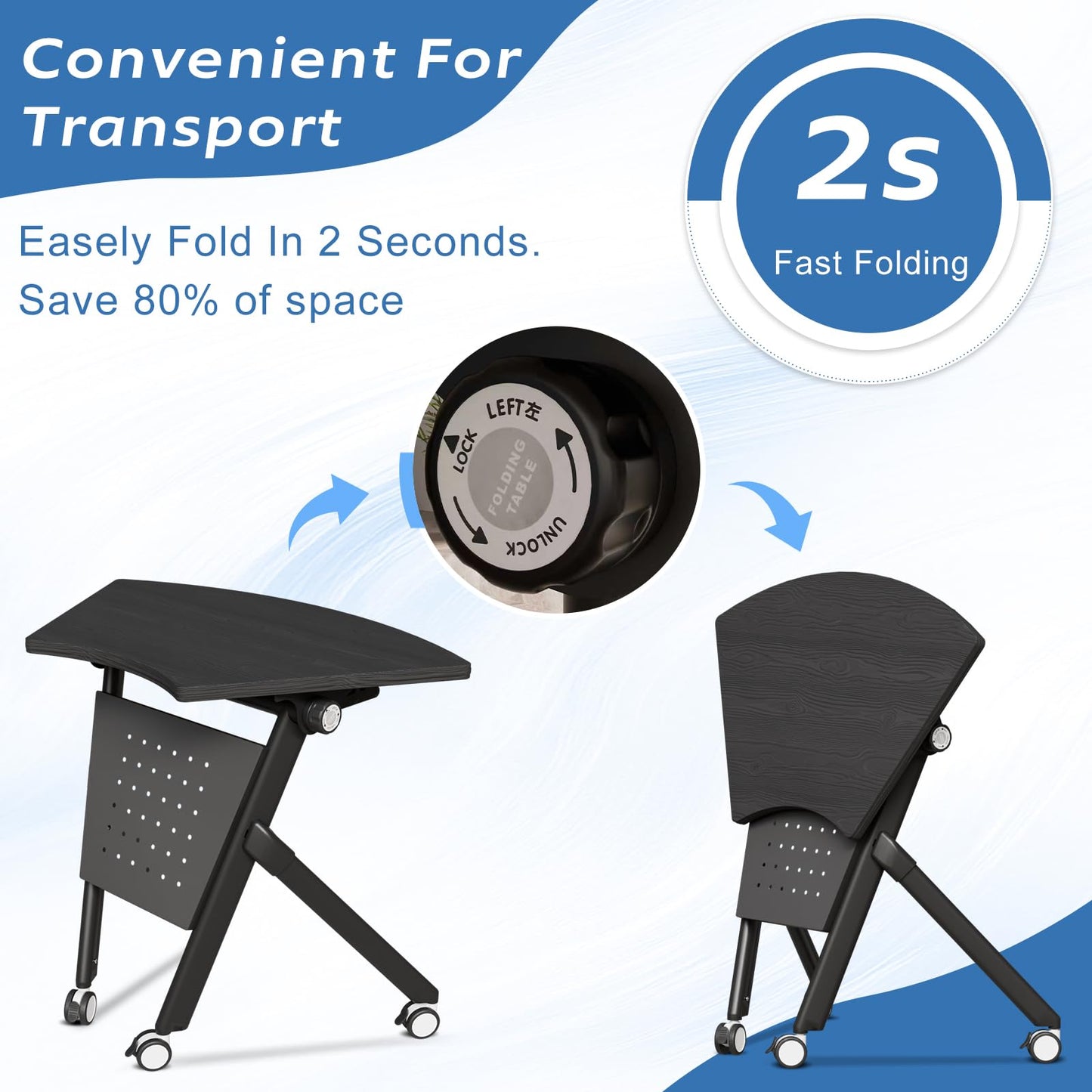 JFazzruit Folding Conference Table,Fan-Shaped Conference Room Tables with Wheels, Mobile Modular Seminar Meeting Desk for Classrooms,Office & Seminar (8, Fan-Black)