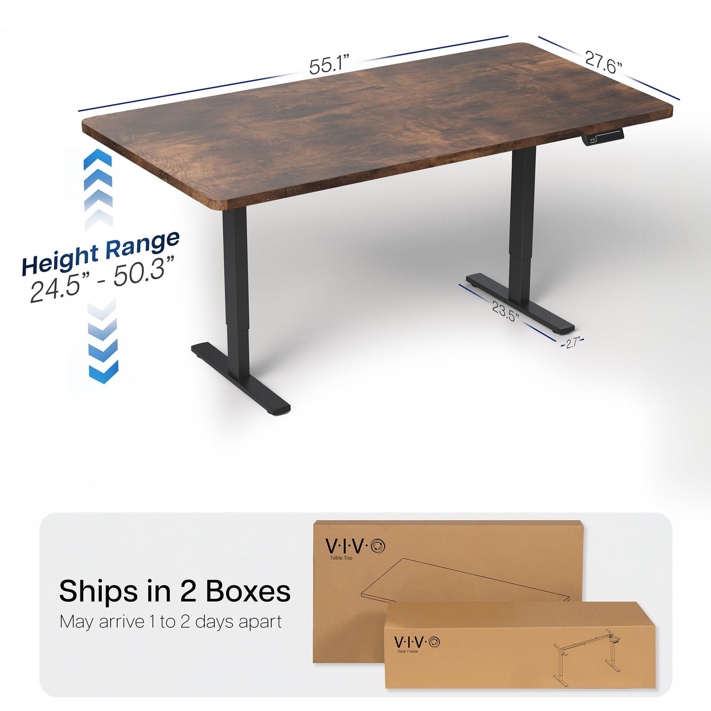 VIVO Electric 55 x 28 in Dual Motor Sit Stand Desk, Memory Height Adjustment, 2B Series, Rustic Vintage Brown Top Black Frame, DESK-KIT-2B55N