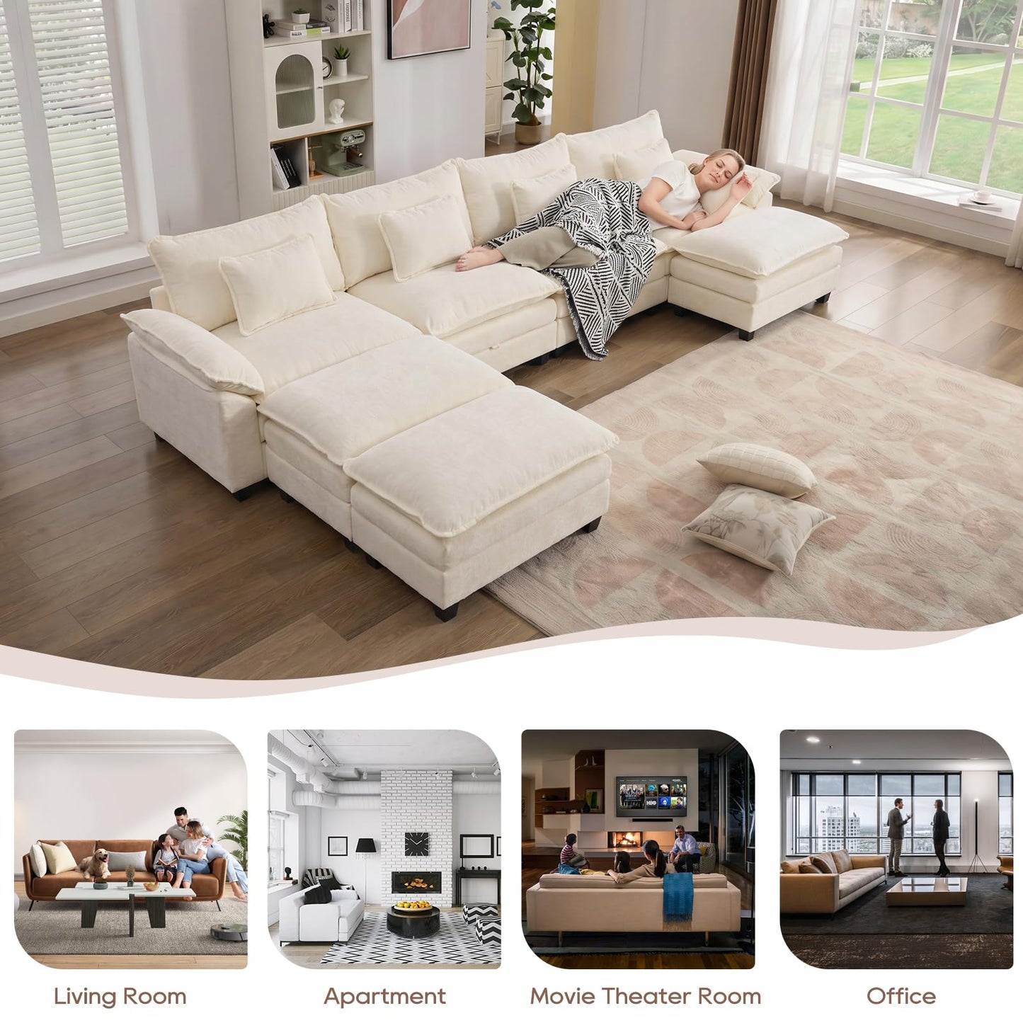 IPKIG 154" Modular Sectional Sofa, Chenille C-Shaped Sectional Couch Comfy Upholstered Seat Sofa with Ottoman, Deep Seat Cloud Couch Sofa for Living Room, Beige