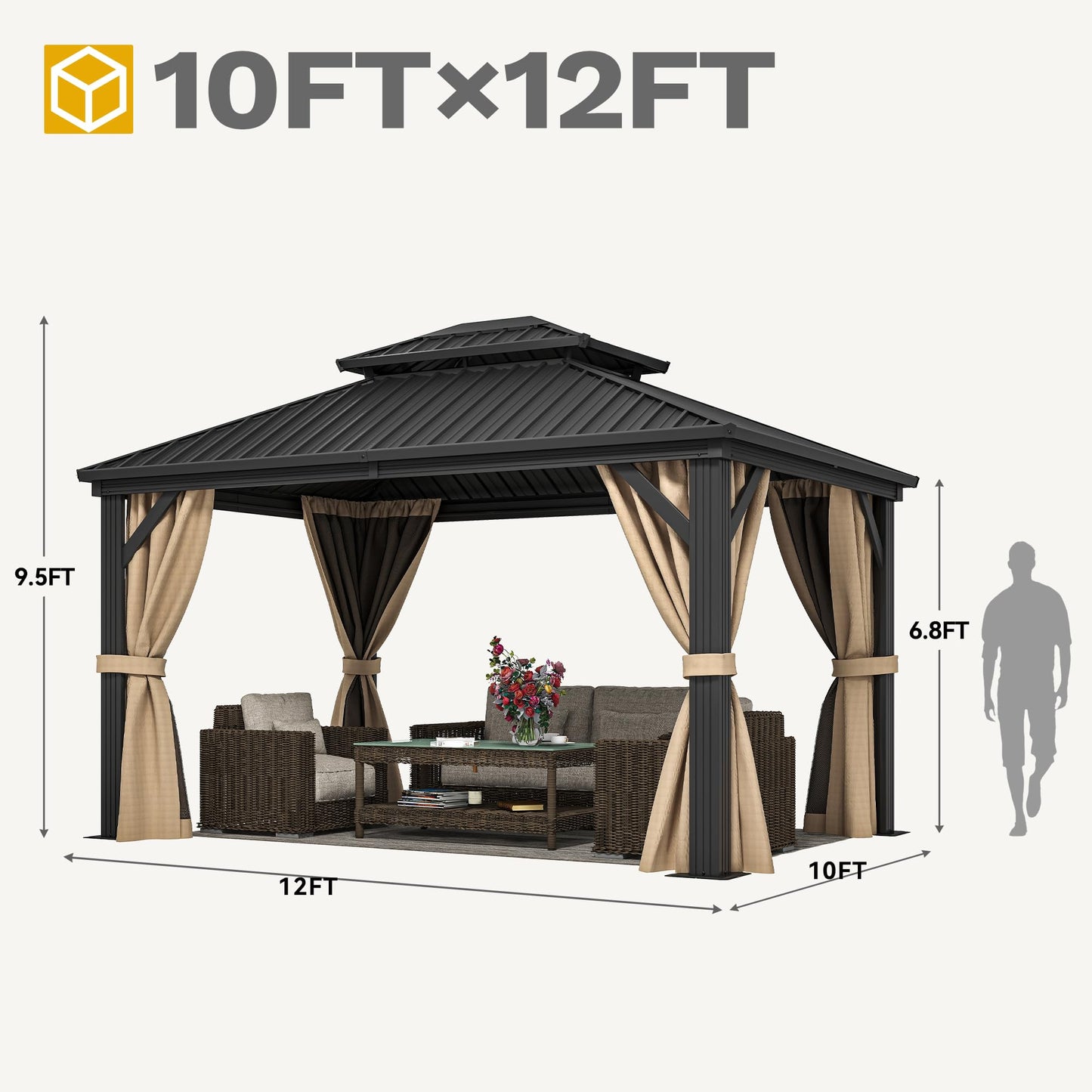 DWVO 10x12ft Hardtop Gazebo Double Roof with Nettings and Curtains, Heavy Duty Galvanized Steel Outdoor Vertical Stripes Roof for Patio, Backyard, Deck, Lawns, Brown