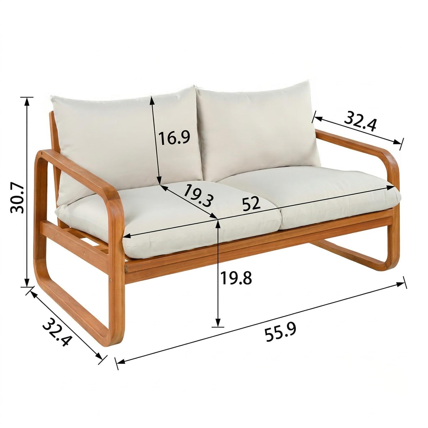 Merax Outdoor 4-Piece Acacia Wood Conversation Set - Patio 2-Seat Loveseat Sofa w/Coushion, 2 Armchair and Square Coffee Table for Backyard, Lawn, Balcony, Beige + Natural