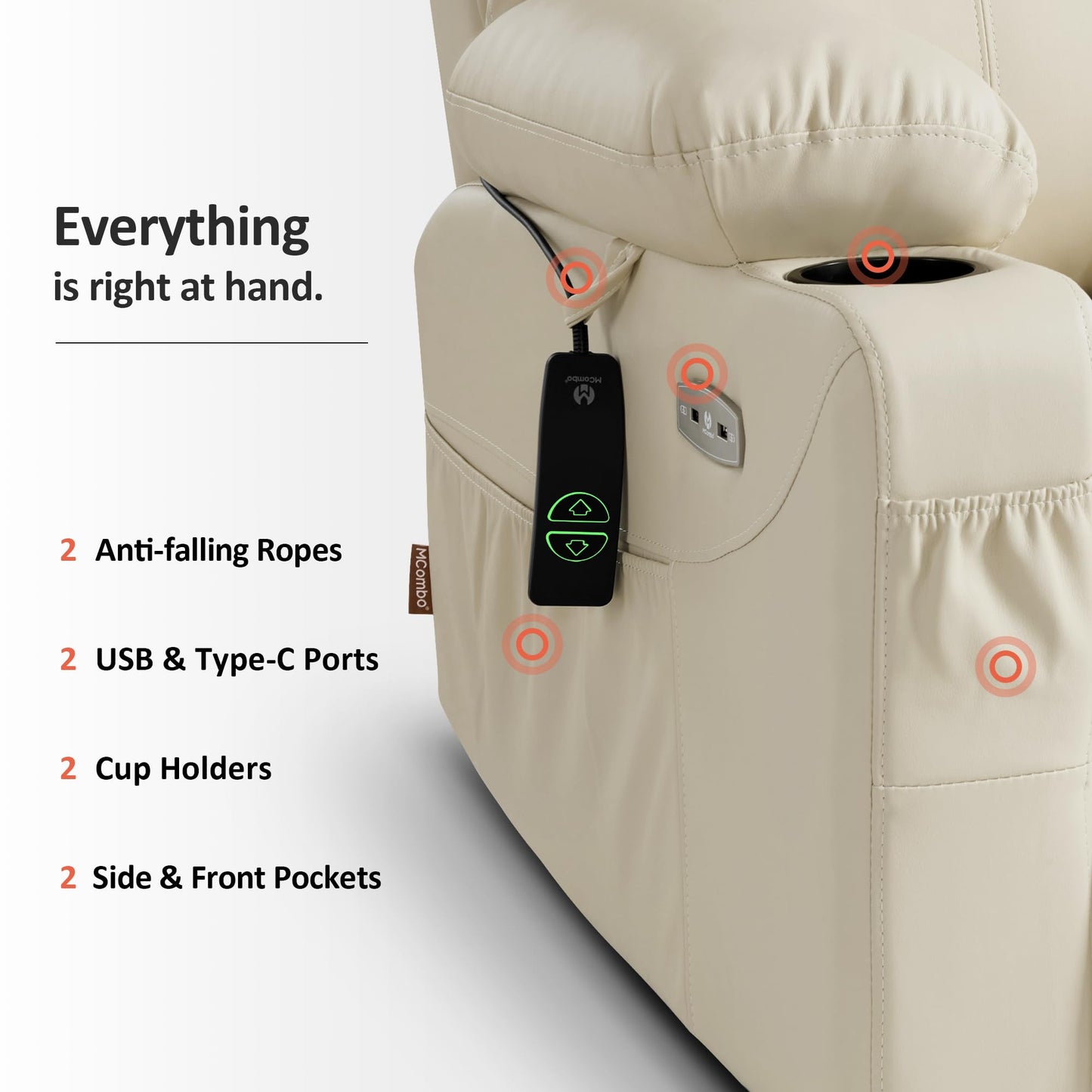 MCombo Power Lift Recliner Chair for Elderly, Lift Chair with Heat and Massage, FSC Certified, USB Ports, Cup Holders, Faux Leather 7040 (Cream White, Medium)