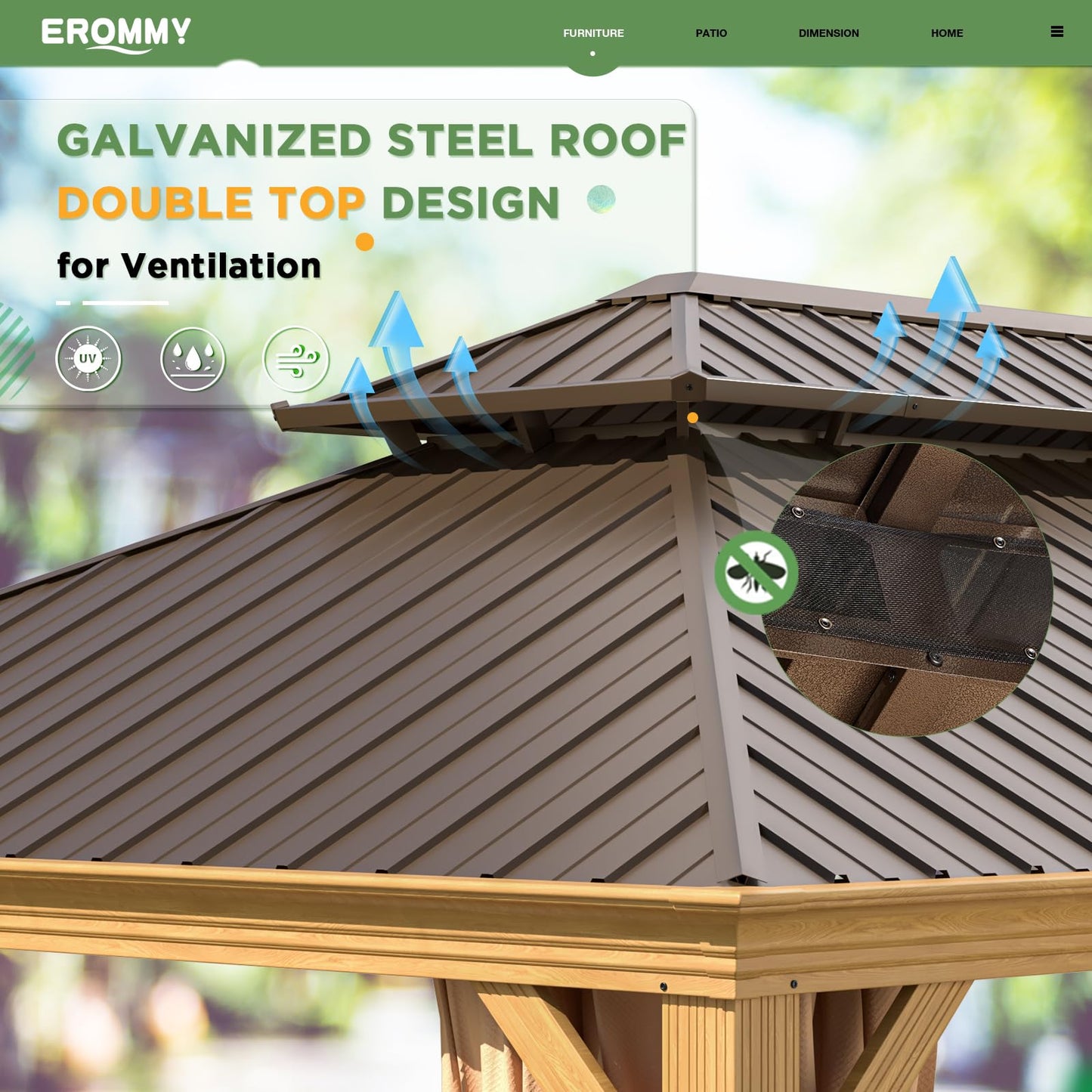 EROMMY 14'x20' Gazebo, Galvanized Steel Double Roof with Wood Grain Aluminum Frame, Outdoor Permanent Metal Pavilion with Curtains and Nettings for Patio, Backyard and Deck
