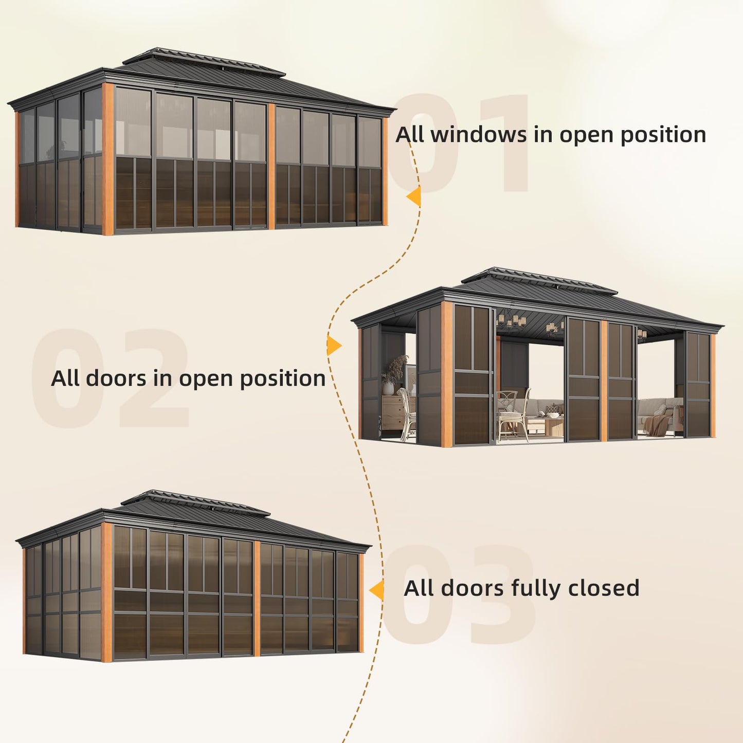EROMMY 12' X 20' Hardtop Sunroom, Galvanized Steel Double Roof Gazebo Solarium with Wood Grain Aluminum Frame & Detachable Windows, All-Weather Sun Room for Patio Deck Backyard