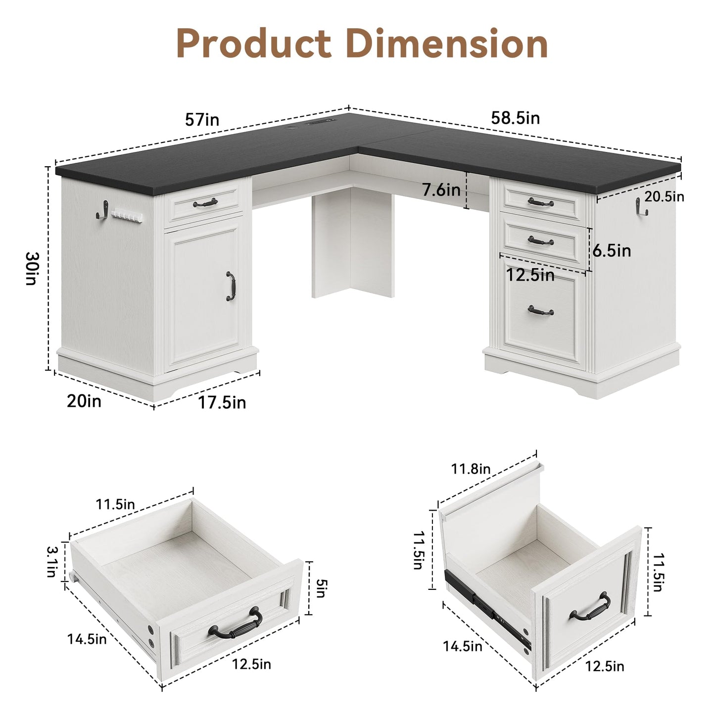 Jocoevol L-Shaped Executive Desk with Drawers, 59" Farmhouse Home Office Desk with File Cabinet, Computer Desk with Charging Station & Headphone Hook for Work/Study/Writing (White & Black)