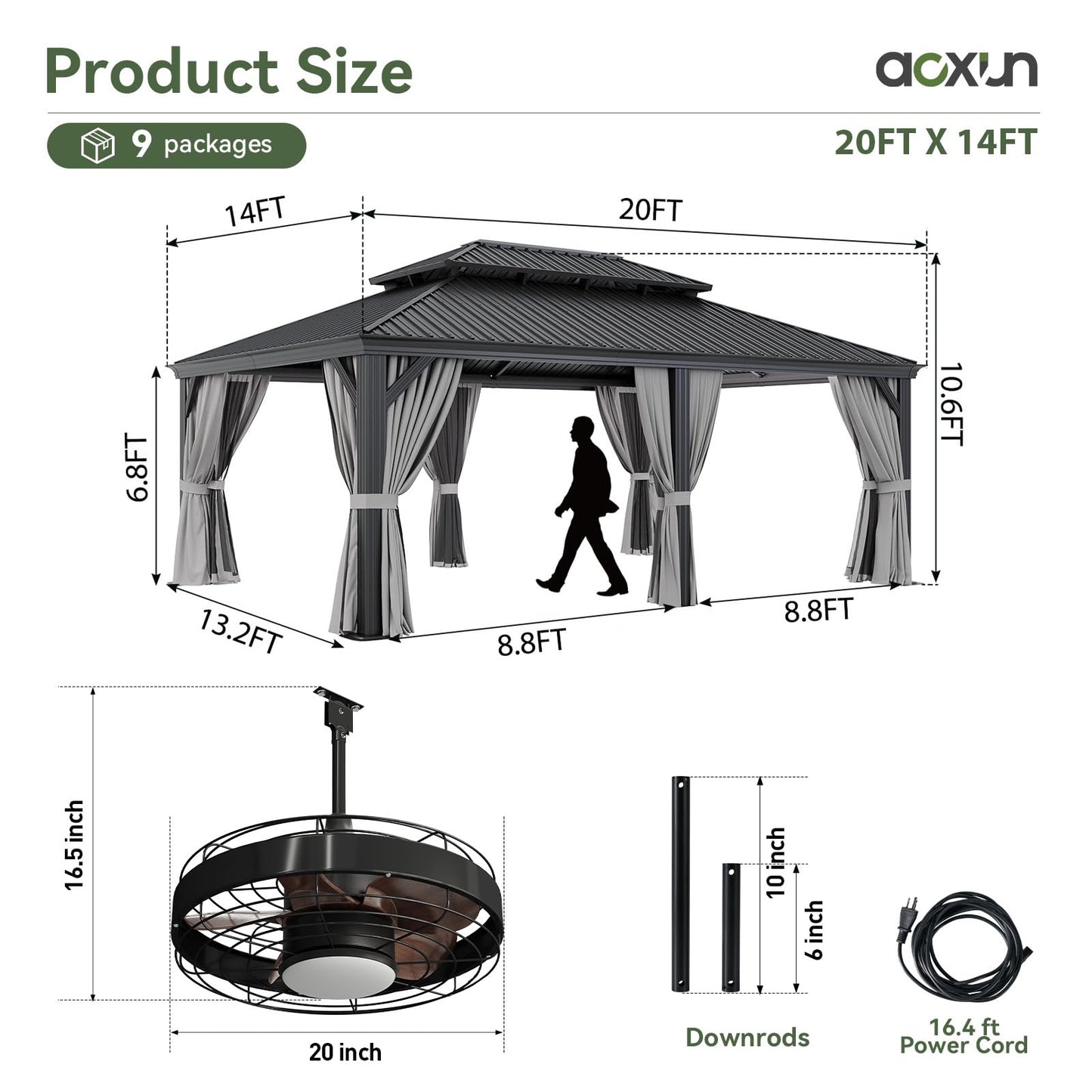 Aoxun 14' X 20' Hardtop Gazebo with Drainage System, Aluminum Outdoor Gazebo with Galvanized Steel Double Roof, Patio Permanent Metal Pavilion with 20 inch Ceiling Fan, for Garden, Deck, Grey