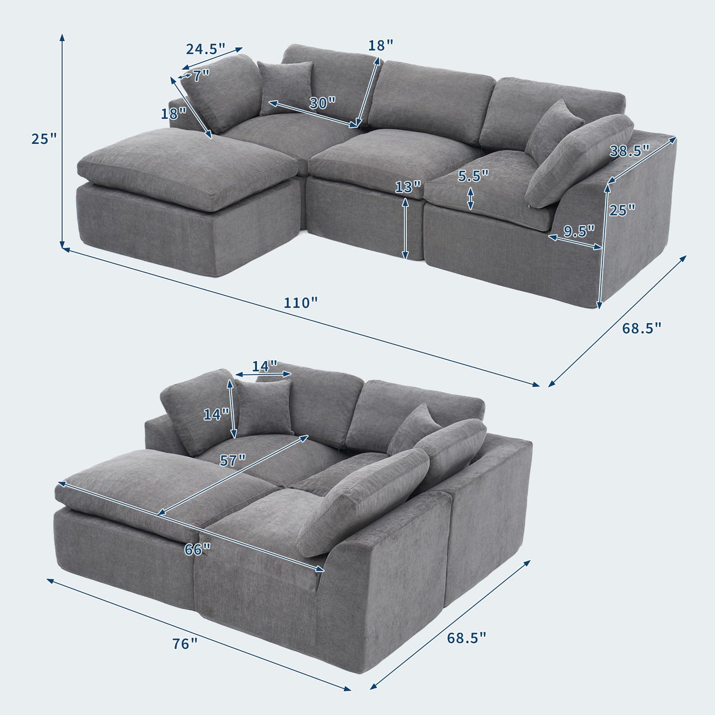 Modular Sectional Couches for Living Room, 110" Cloud Couch, 4 Seater l-Shaped Chenille Sofa Movable Ottoman
