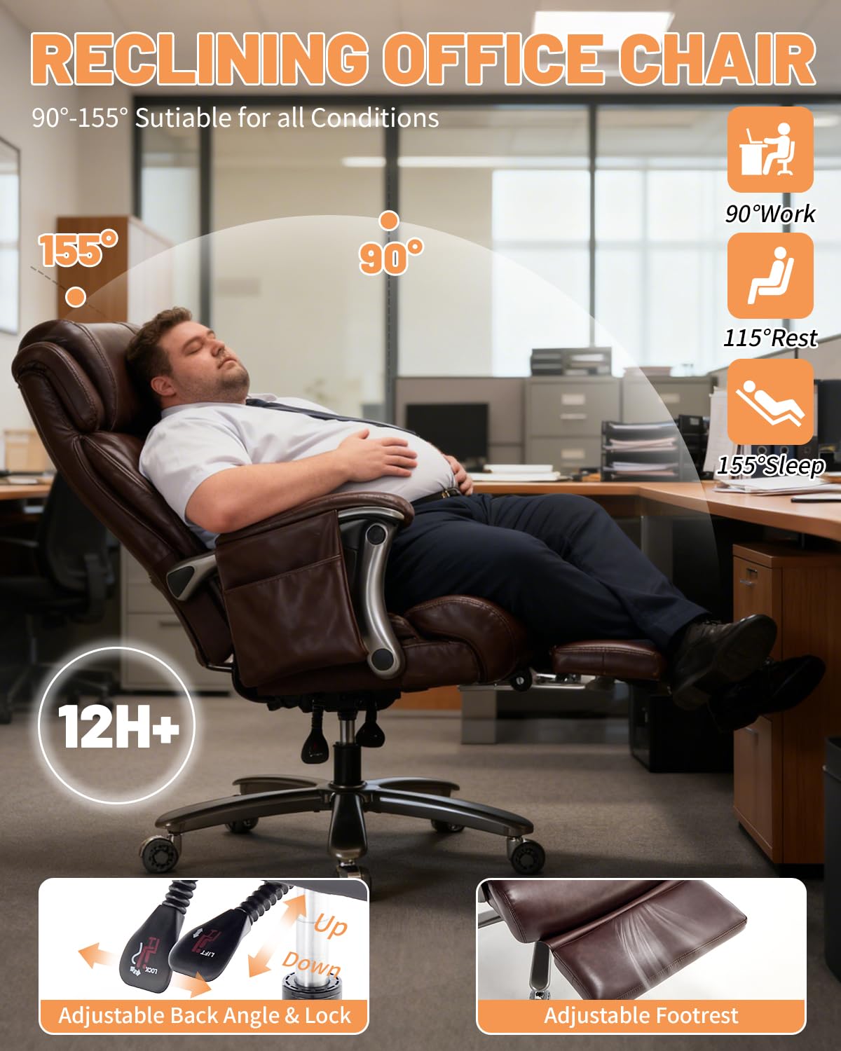 800LBS Massage Office Chair with Foot Rest & 8 Points Vibration Heat for Heavy People,Big and Tall Ergonomic Executive Reclining Desk Chairs for Home Office Managerial Use (Brown (Wheel Upgrade))