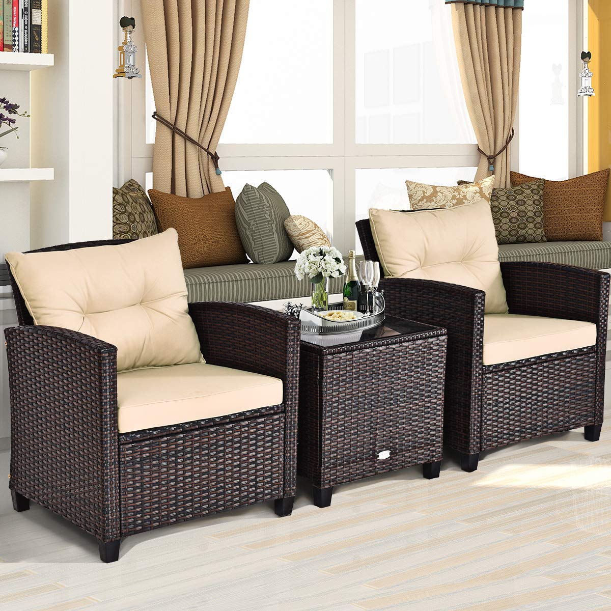 AUGESTER 3 PCS Patio Furniture Set, Outdoor PE Rattan Wicker Conversation Sofa Set w/Washable Cushion and Tempered Glass Tabletop, All Weather Chat Sofa for Garden Poolside Balcony Porch (Beige)