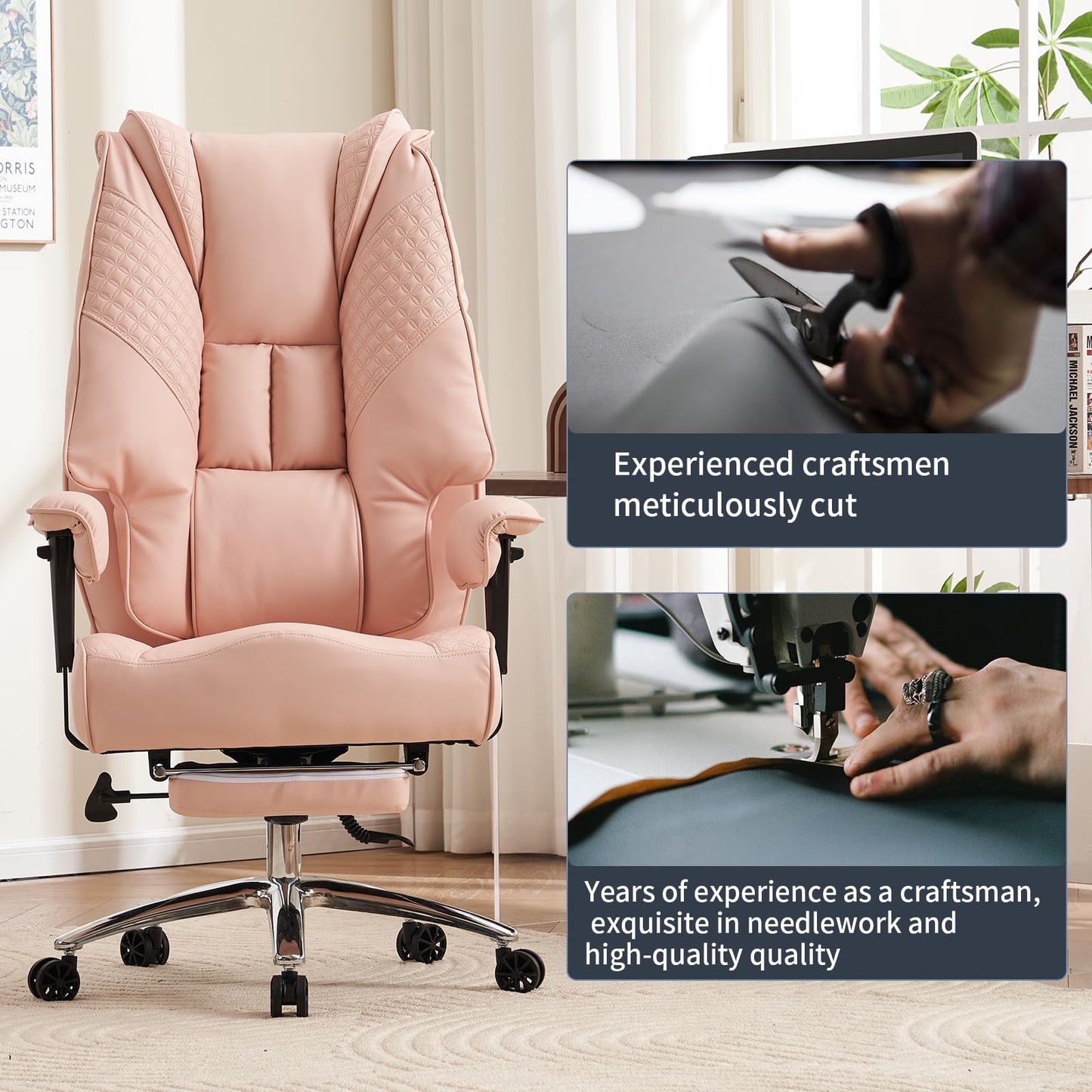 EXCEBET Big and Tall Office Chair 400lbs Wide Seat, Leather High Back Executive Office Chair with Foot Rest, Ergonomic Chairs Lumbar Support for Lower Back Pain Relief (Light Pink)