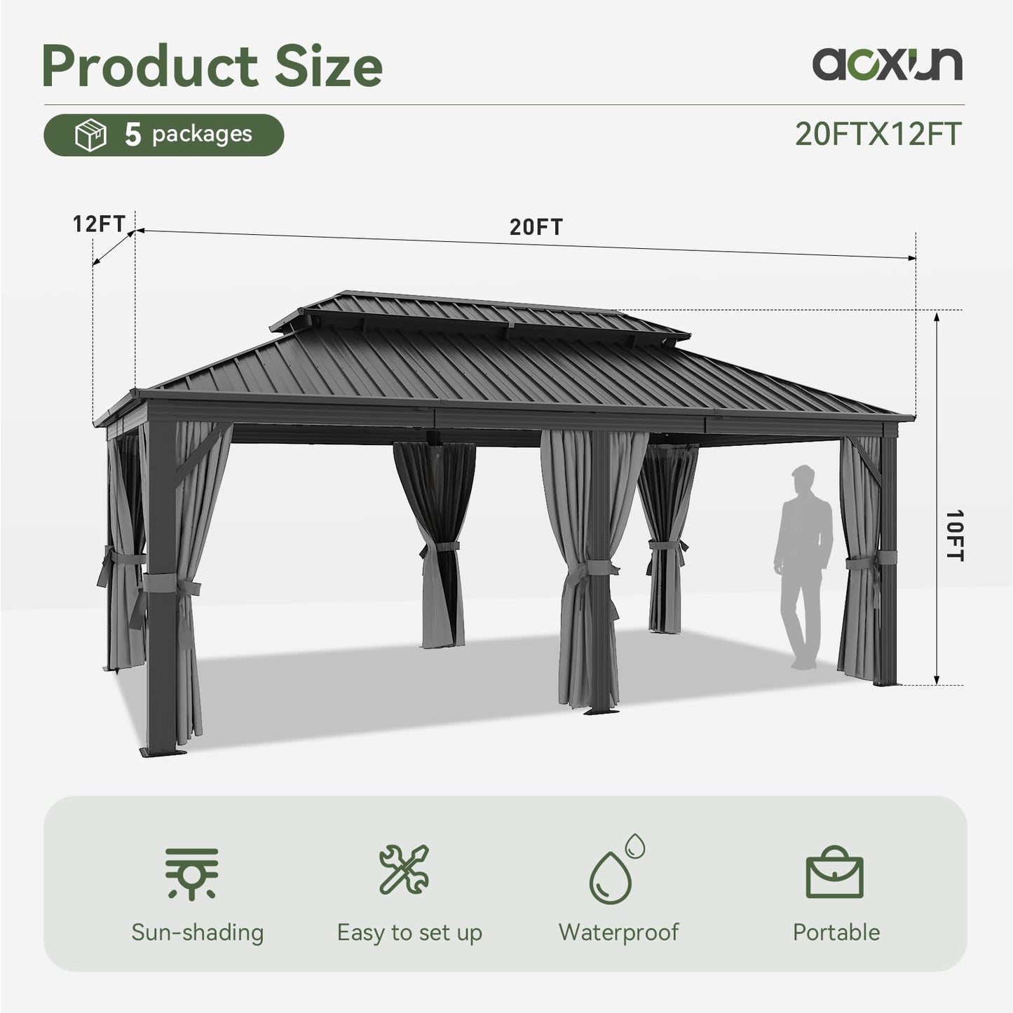 Aoxun 12' X 20' Hardtop Gazebo, Galvanized Steel Double Top, Metal Gazebo with Curtains and Netting, Permanent Canopy Pavilion for Wedding, Party, Outdoor Dining