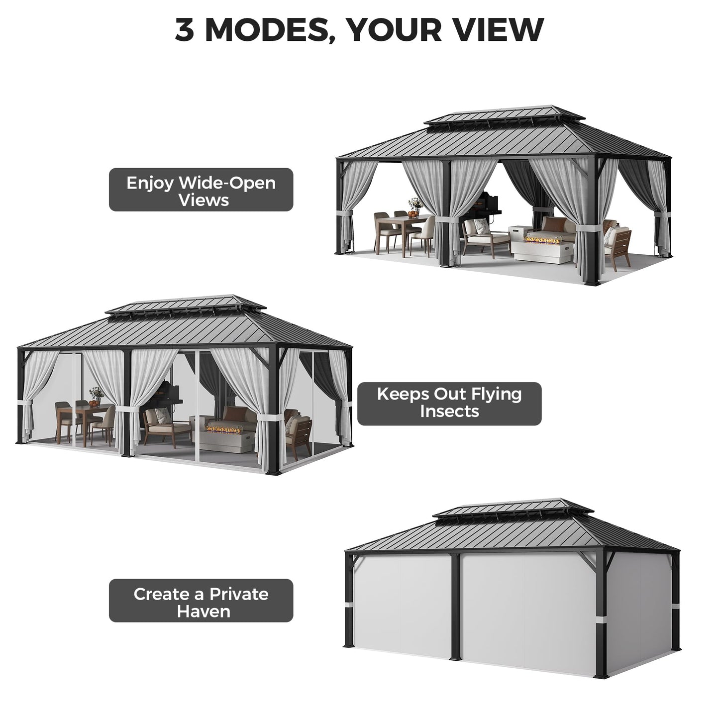IRONCK 20'x12' Hardtop Gazebo, Update Aluminum Frame Gazebo with Galvanized Steel Double Roof, Outdoor Pergola with Curtain and Net, Backyard Canopy for Garden, Deck, Gray and Black
