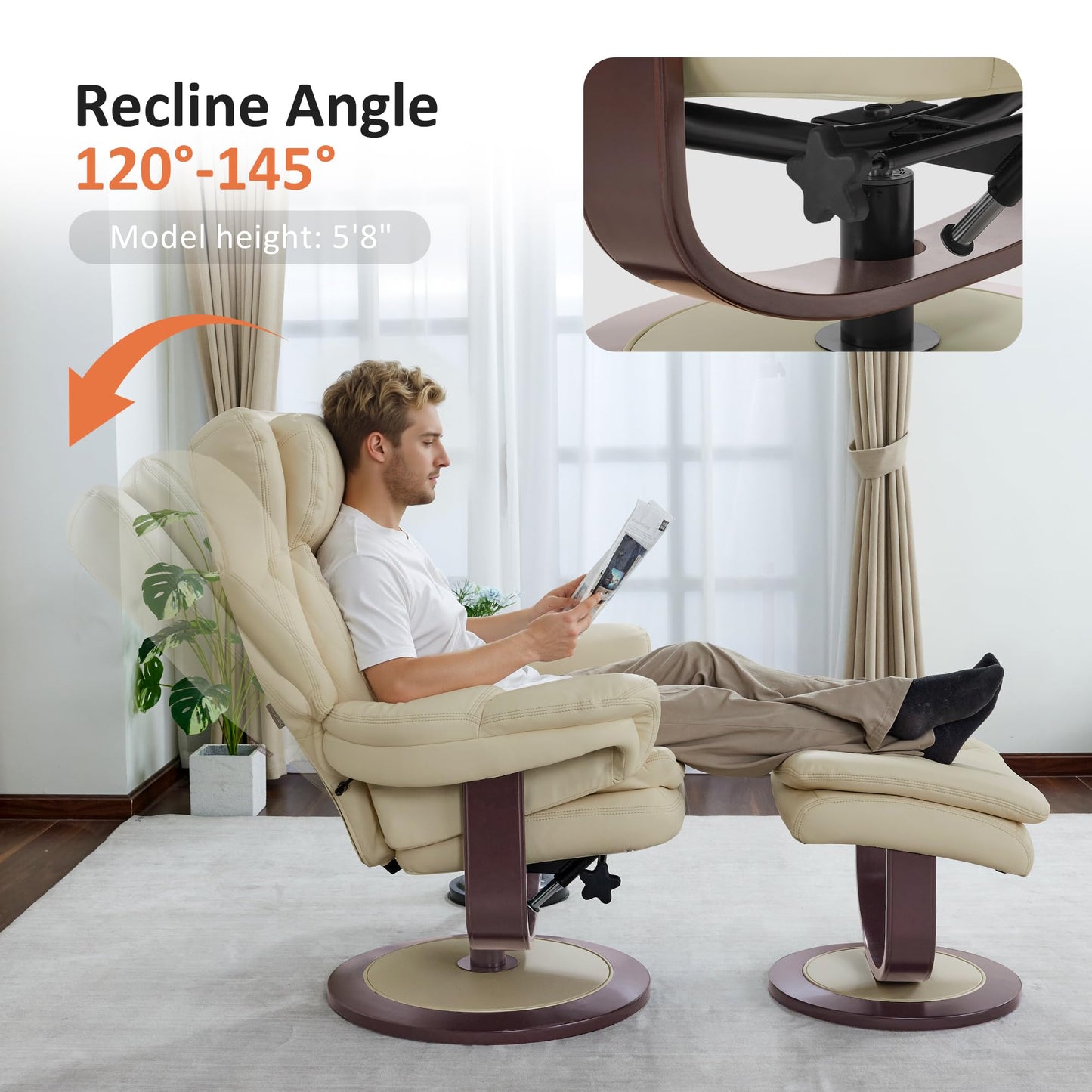 MCombo Oversized Swivel Recliner Chair with Ottoman, Adjustable Backrest, 360° Wood Base, High Seat, Faux Leather Lounge Chair for Tall Users in Living Room Office 4651 (Cream White)