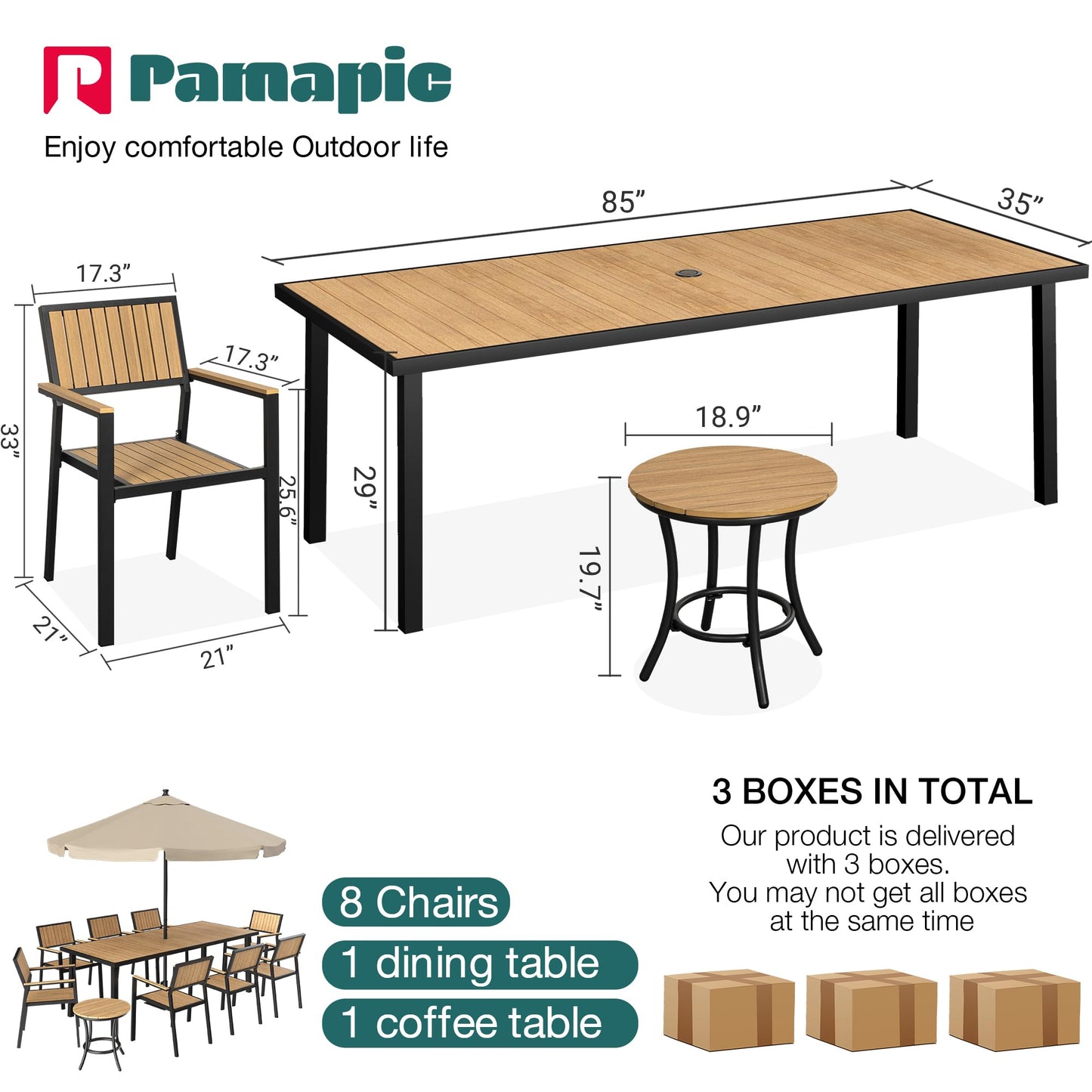 Pamapic 10-Piece Outdoor Dining Set, Patio Aluminum Furniture with Plastic-Wood Table Top & 8 Stackable Chairs, Outdoor Furniture Set for Patio Garden Poolside (Teak)